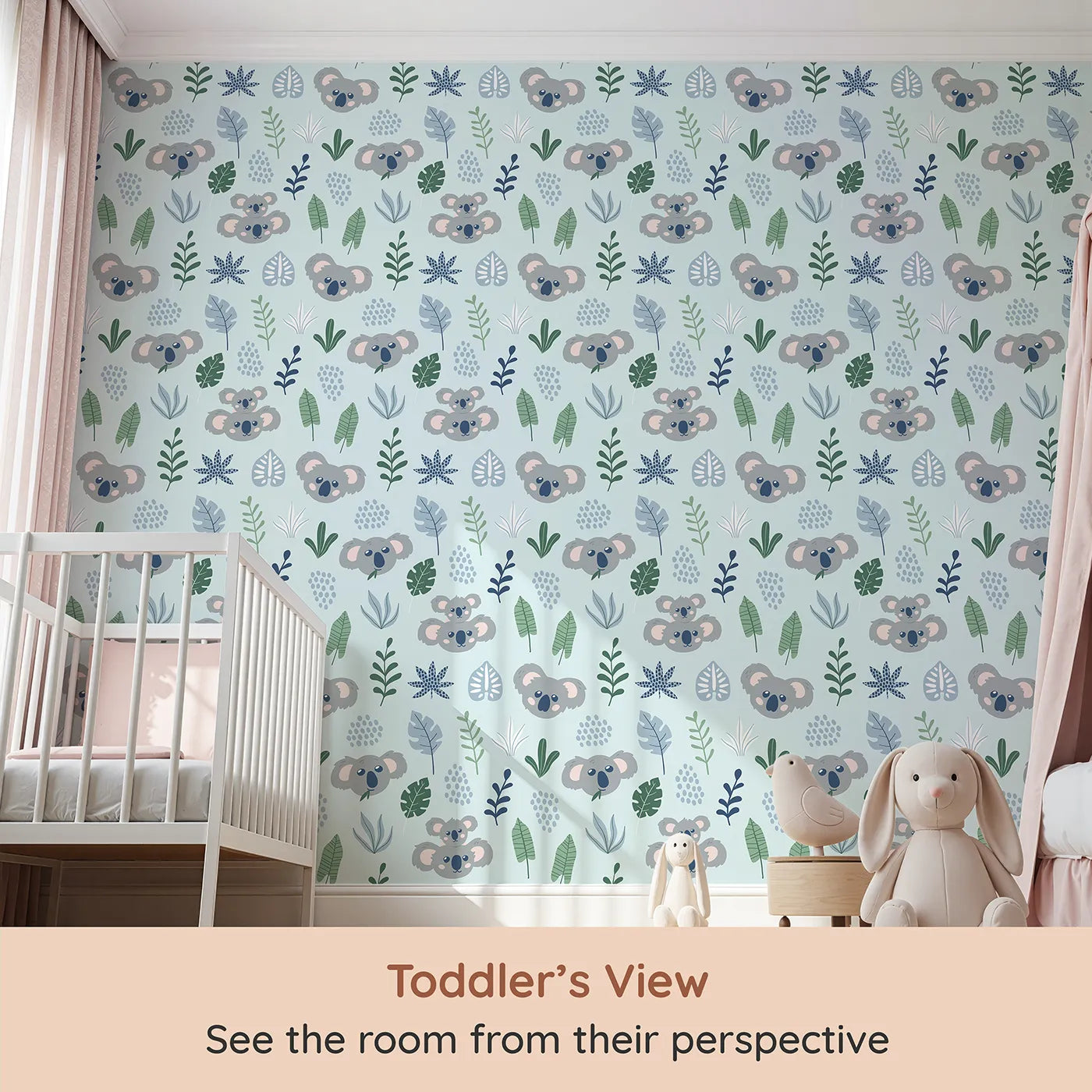 Whimsy Tots Koala Cuddle Grove Wallpaper (W2009) from your child's view.Where sweet koalas and gentle leaves create a world of calm.
