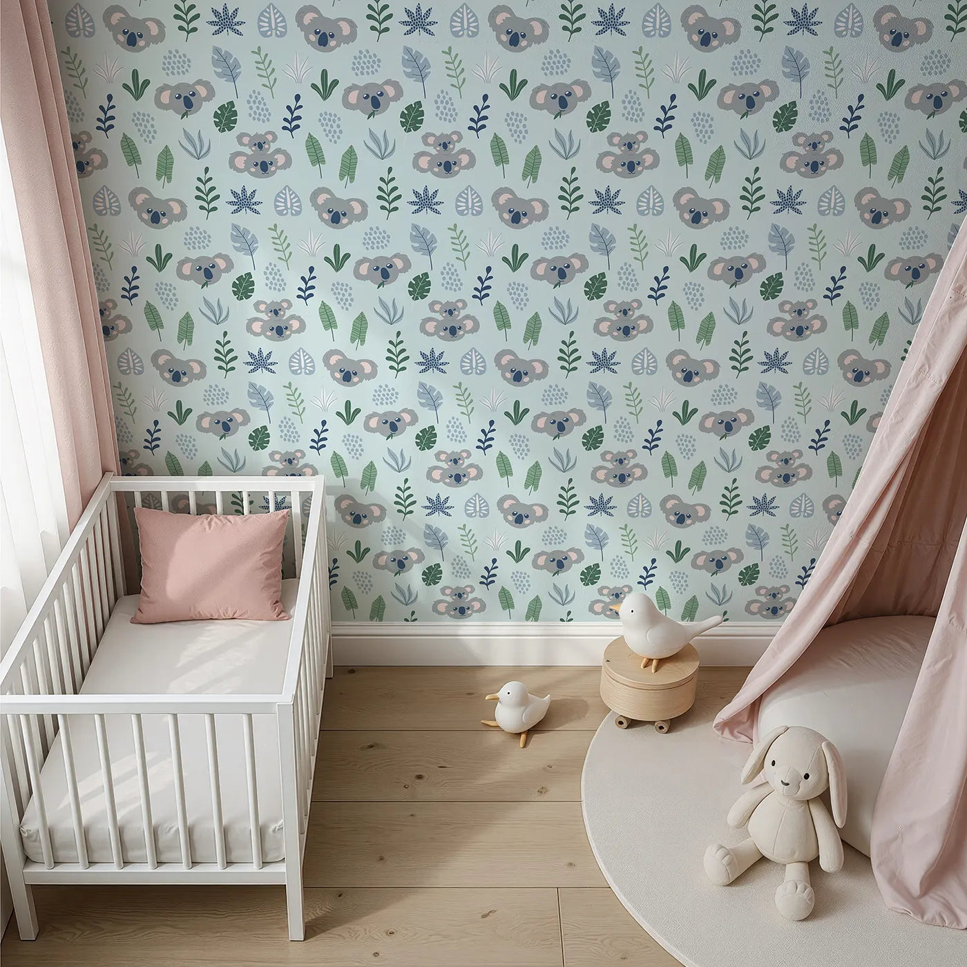 Top-Down view of Whimsy Tots' Koala Cuddle Grove Wallpaper (W2009).Where sweet koalas and gentle leaves create a world of calm.