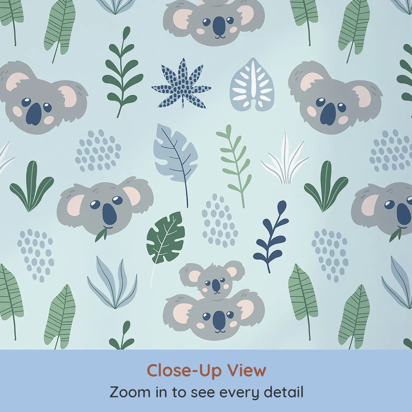 Close-up view of Whimsy Tots' Koala Cuddle Grove Wallpaper (W2009).Where sweet koalas and gentle leaves create a world of calm.