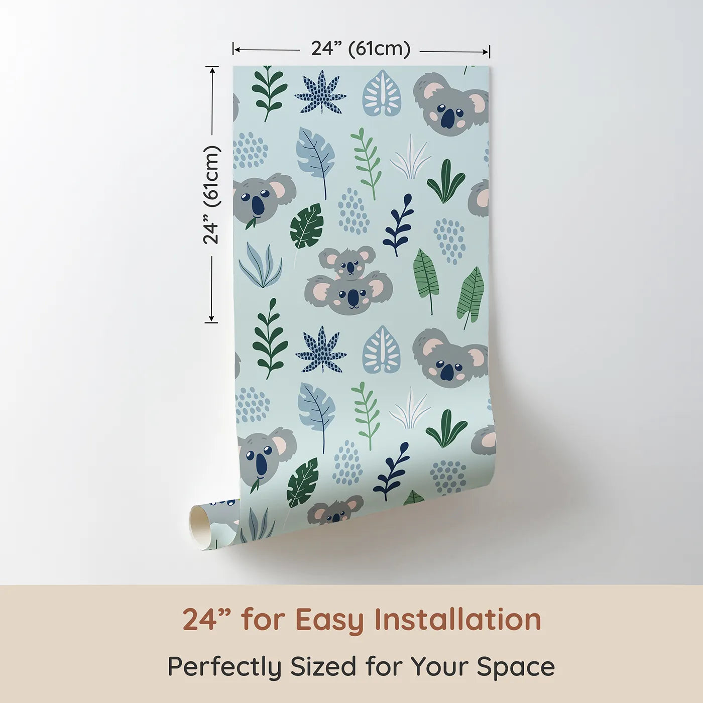 Dimension view of Whimsy Tots Koala Cuddle Grove Wallpaper (W2009). Printed in 24-inch-wide panel for easy installation. Where sweet koalas and gentle leaves create a world of calm.