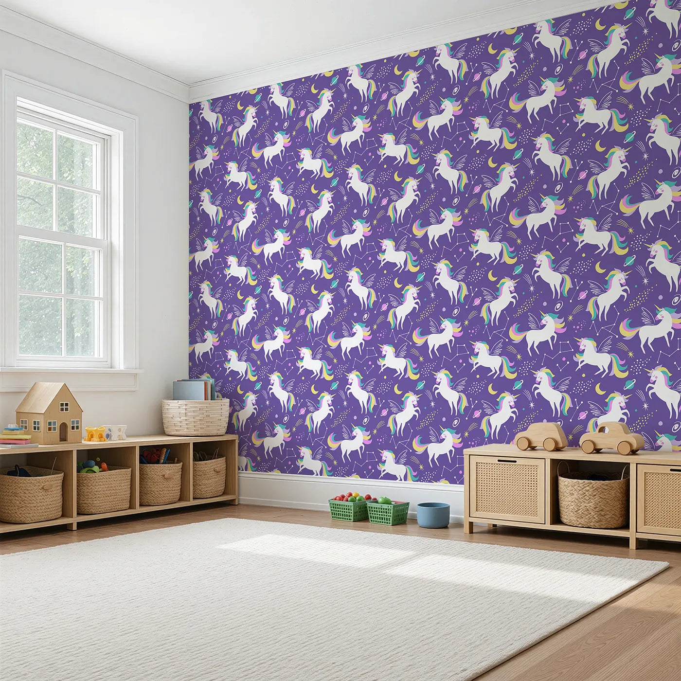 Angled view of Whimsy Tots' Cosmic Unicorn Galaxy Wallpaper in Purple (W2010).Where winged unicorns dance among the stars and planets.