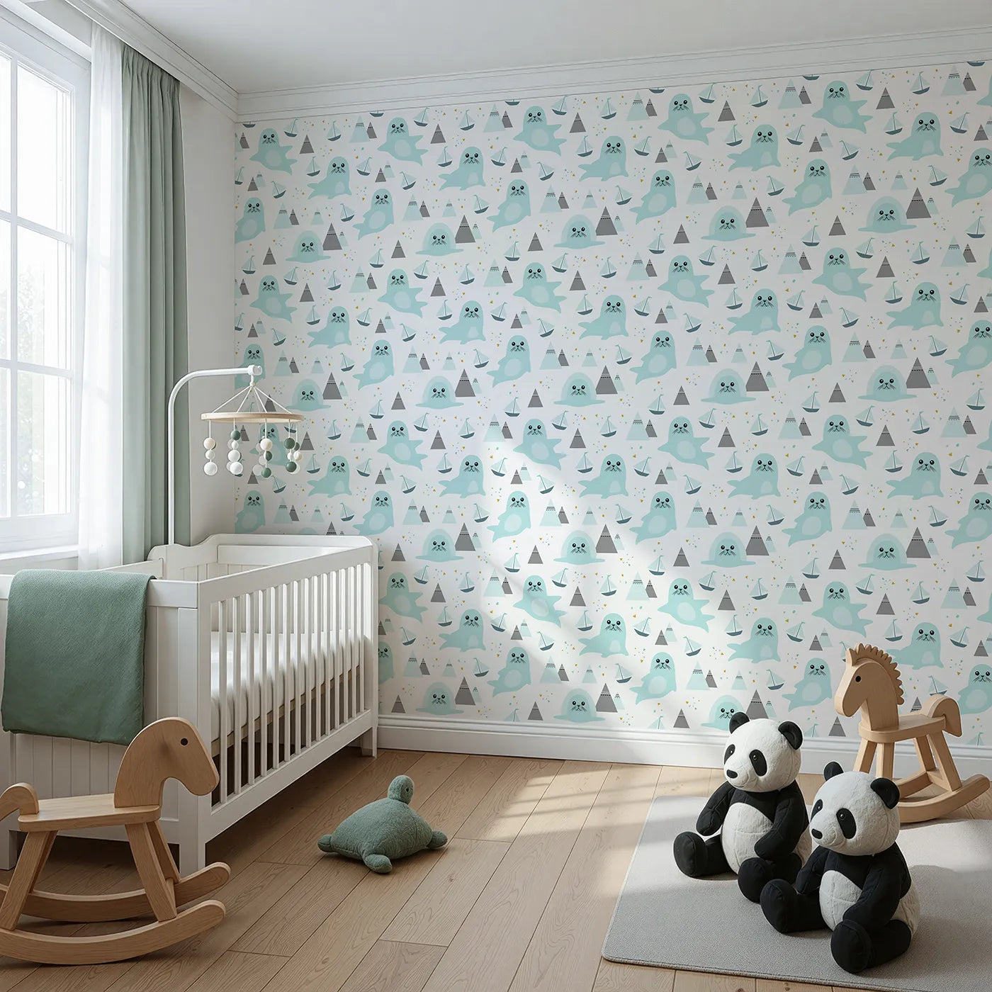 Angled view of Whimsy Tots' Arctic Seal Adventure Wallpaper (W2011).Where friendly seals and little sailboats explore snowy peaks.