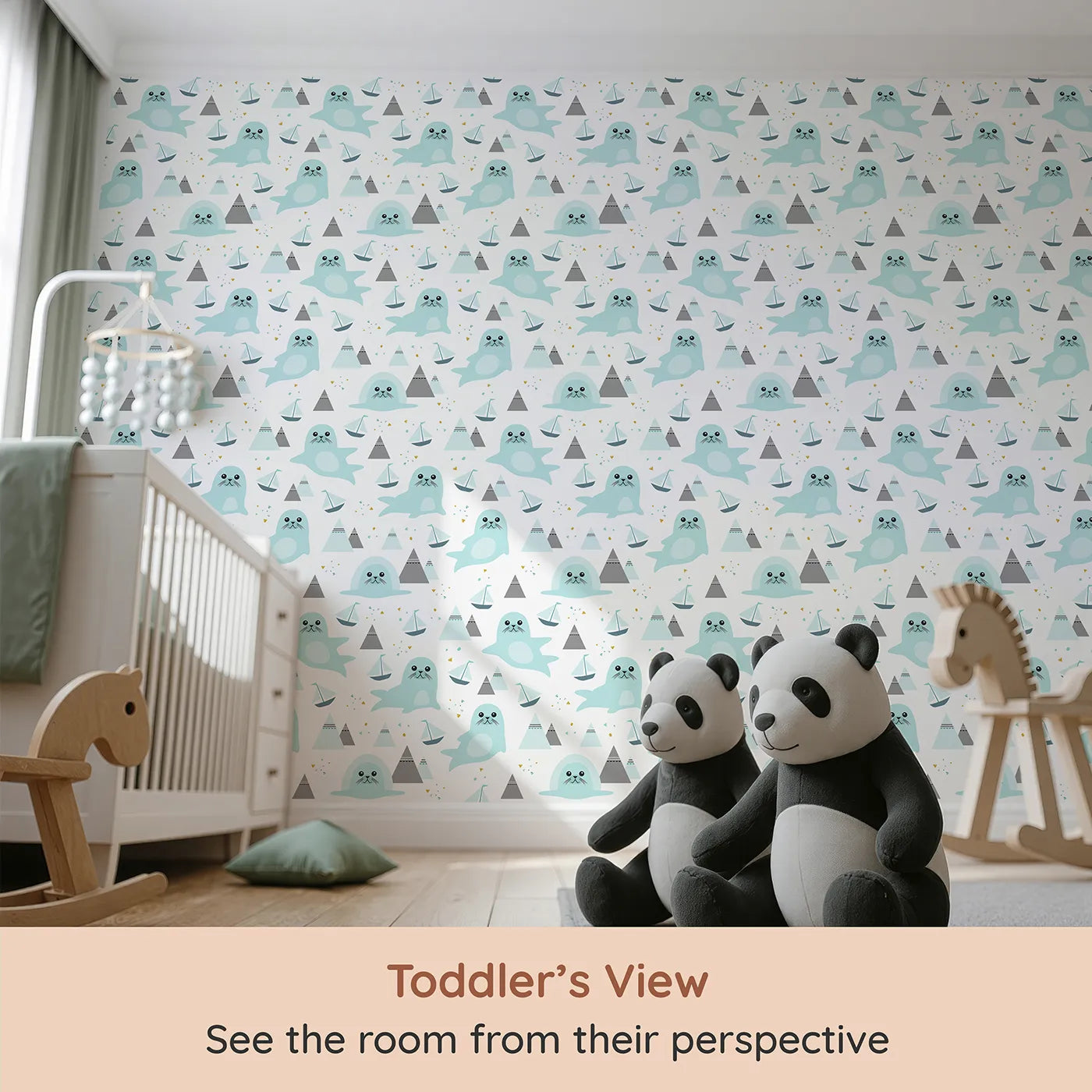 Whimsy Tots Arctic Seal Adventure Wallpaper (W2011) from your child's view.Where friendly seals and little sailboats explore snowy peaks.