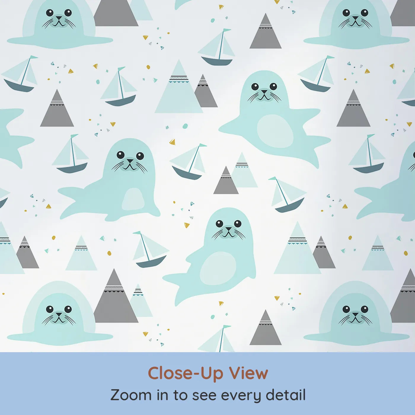 Close-up view of Whimsy Tots' Arctic Seal Adventure Wallpaper (W2011).Where friendly seals and little sailboats explore snowy peaks.