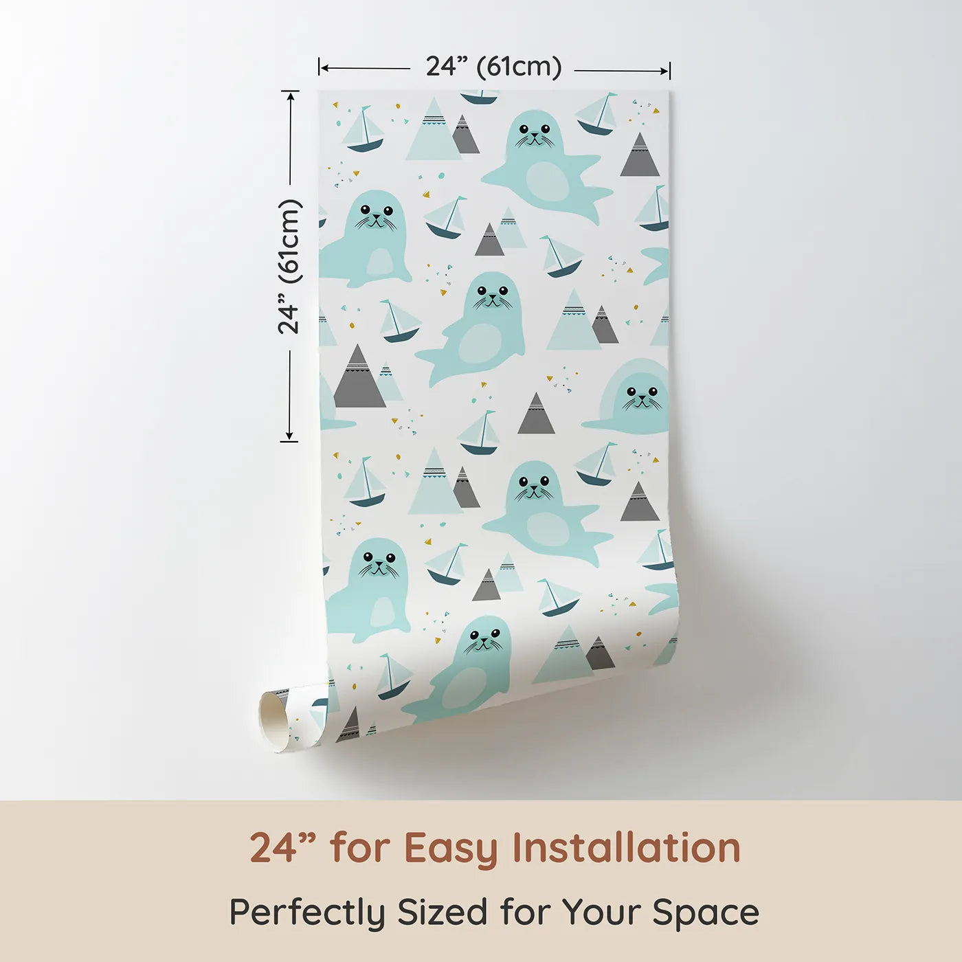 Dimension view of Whimsy Tots Arctic Seal Adventure Wallpaper (W2011). Printed in 24-inch-wide panel for easy installation. Where friendly seals and little sailboats explore snowy peaks.