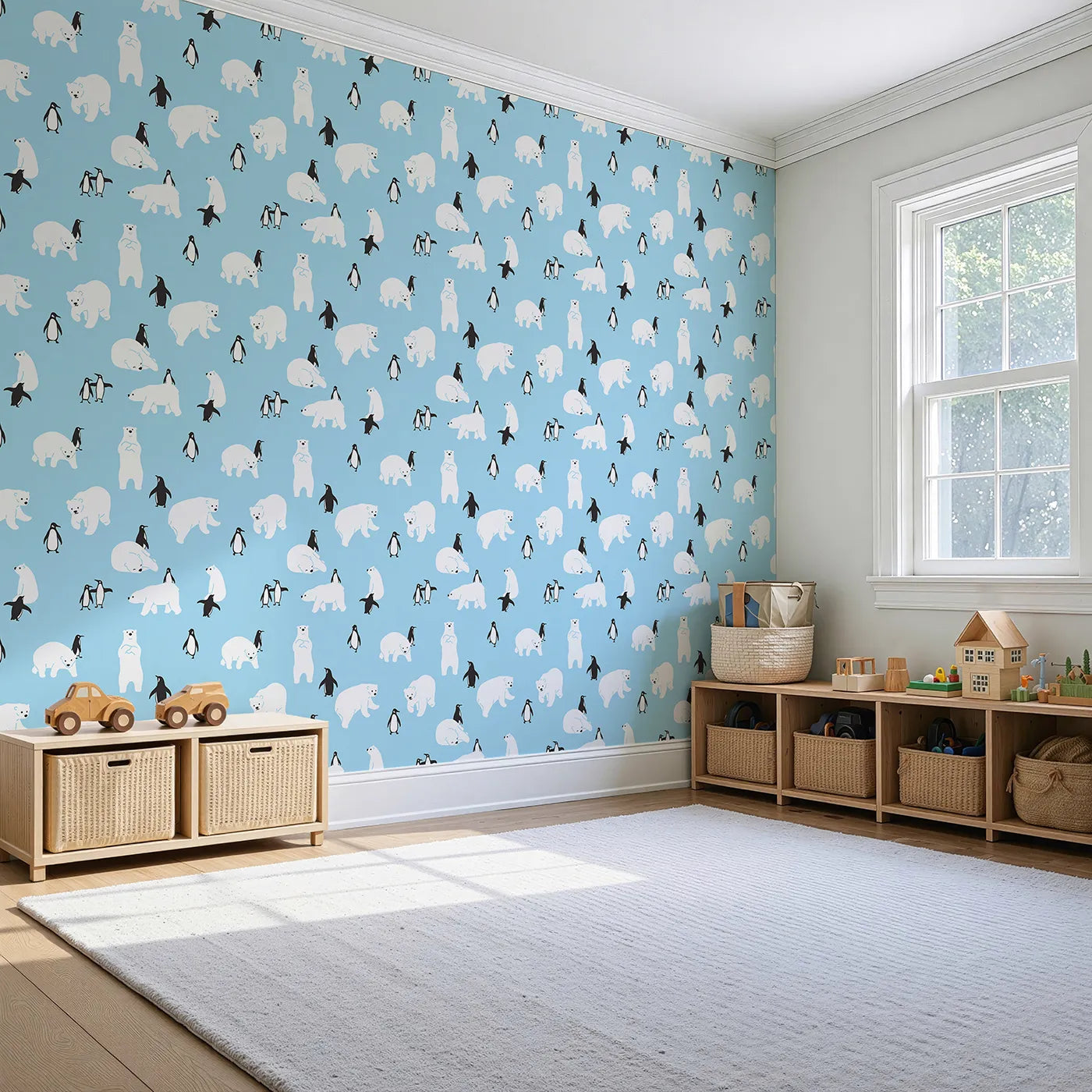 Angled view of Whimsy Tots' Polar Bear and Penguin Pals Wallpaper (W2012).Where cheerful polar bears and penguins gather for frosty fun.