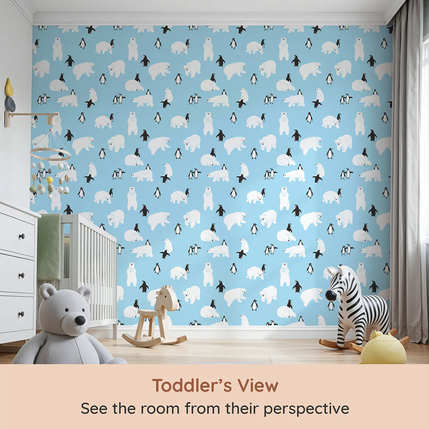 Whimsy Tots Polar Bear and Penguin Pals Wallpaper (W2012) from your child's view.Where cheerful polar bears and penguins gather for frosty fun.