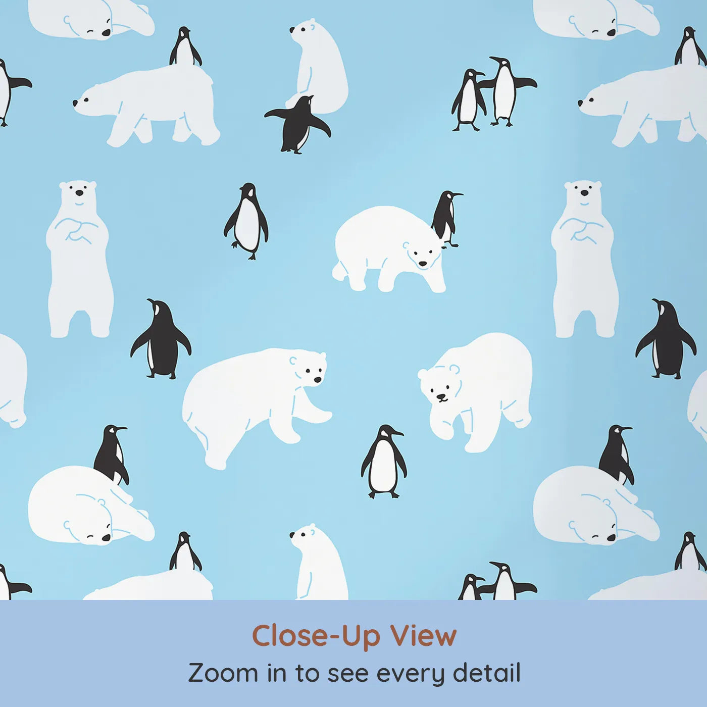 Close-up view of Whimsy Tots' Polar Bear and Penguin Pals Wallpaper (W2012).Where cheerful polar bears and penguins gather for frosty fun.