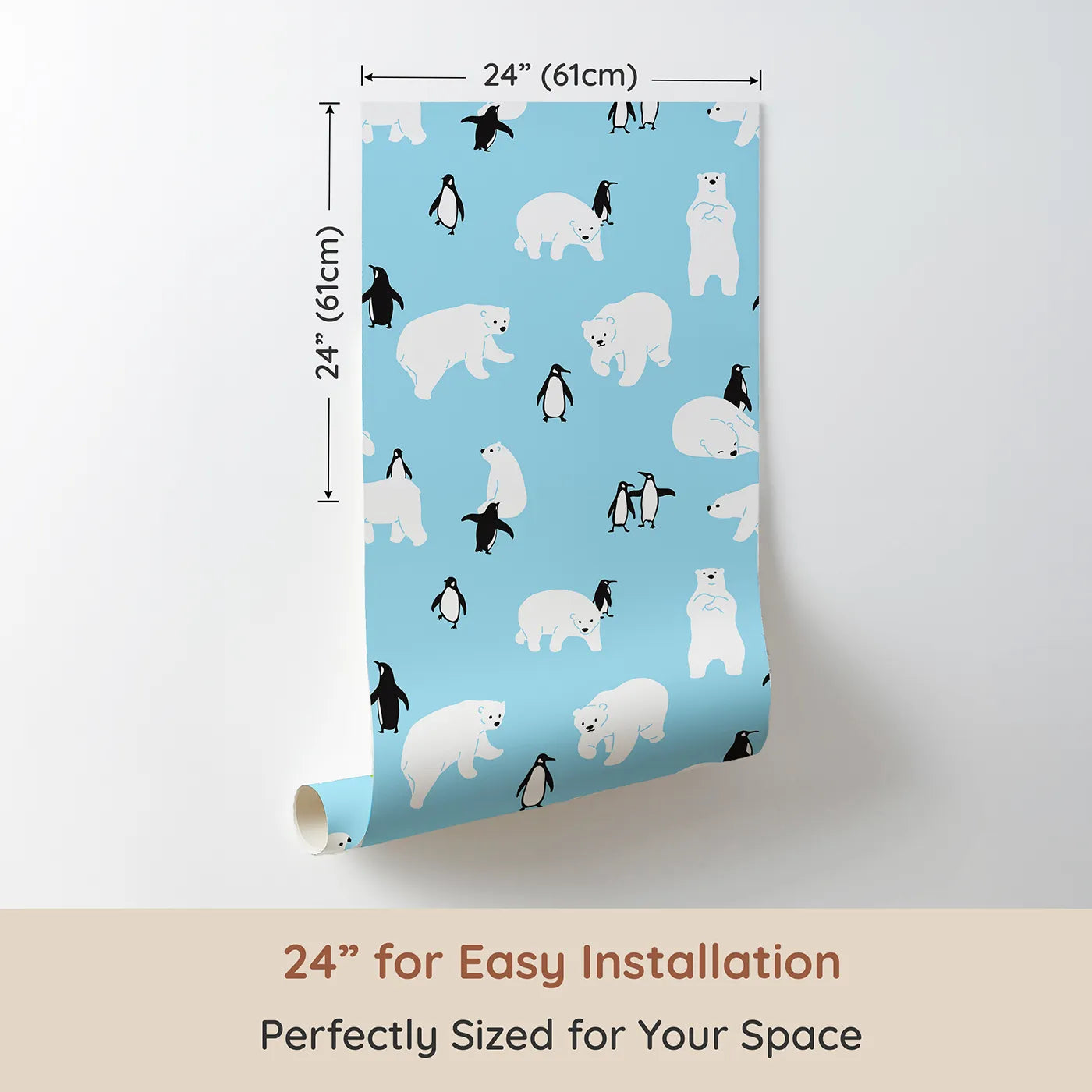 Dimension view of Whimsy Tots Polar Bear and Penguin Pals Wallpaper (W2012). Printed in 24-inch-wide panel for easy installation. Where cheerful polar bears and penguins gather for frosty fun.