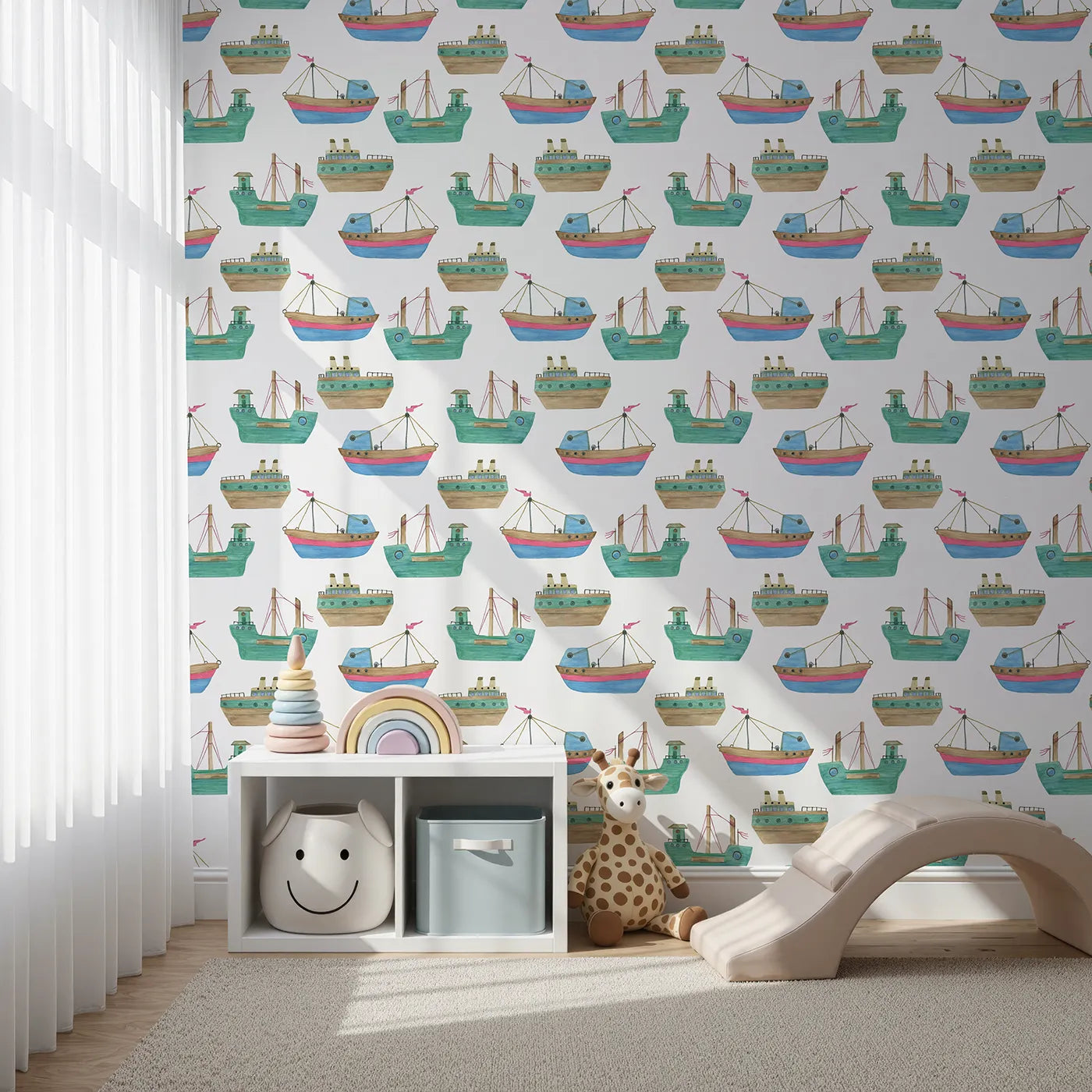 Front view of Whimsy Tots' Watercolor Fishing Boats Wallpaper