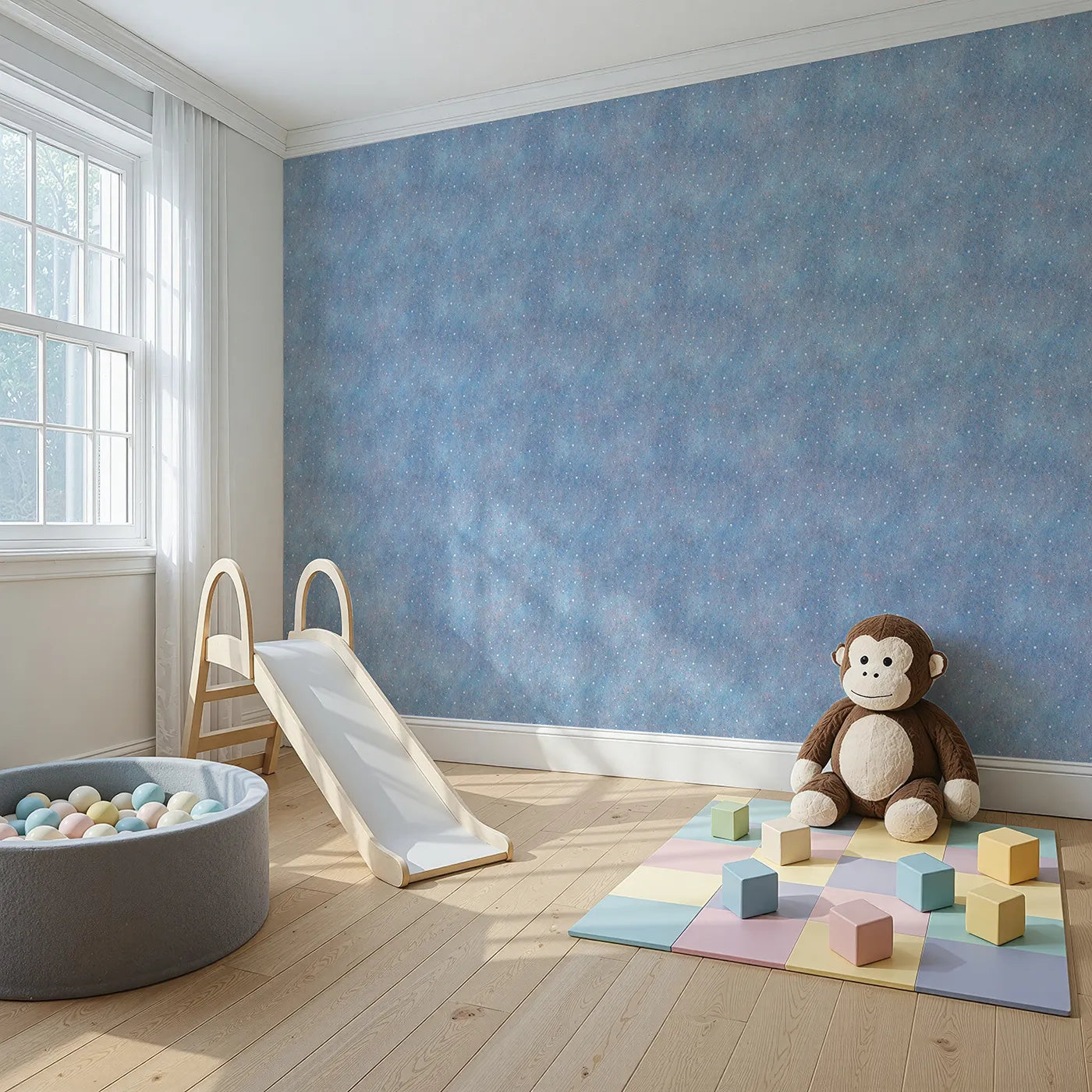 Angled view of Whimsy Tots' First Snowfall Wallpaper in Blue (W2014).Where the first soft snowflakes fall in a quiet, blue sky.