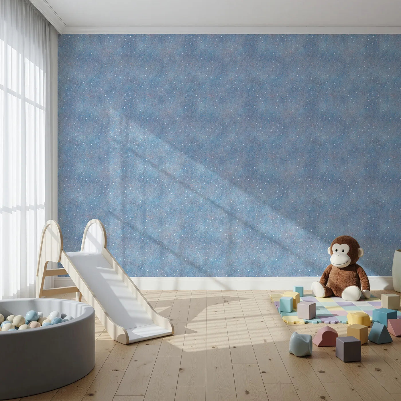 Front view of Whimsy Tots' First Snowfall Wallpaper in Blue