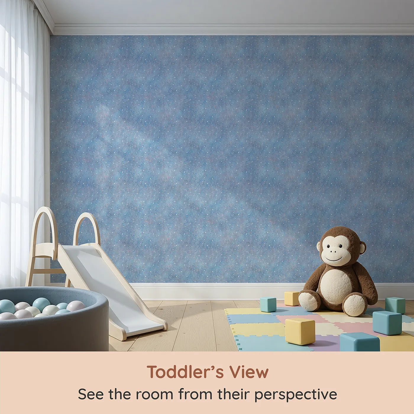 Whimsy Tots First Snowfall Wallpaper in Blue (W2014) from your child's view.Where the first soft snowflakes fall in a quiet, blue sky.