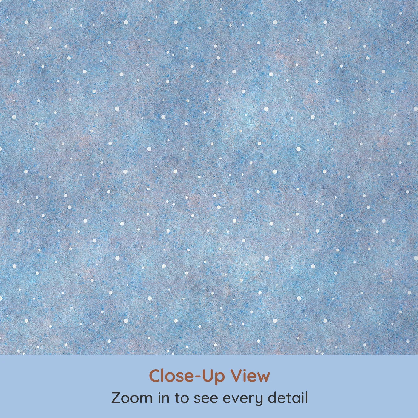 Close-up view of Whimsy Tots' First Snowfall Wallpaper in Blue (W2014).Where the first soft snowflakes fall in a quiet, blue sky.