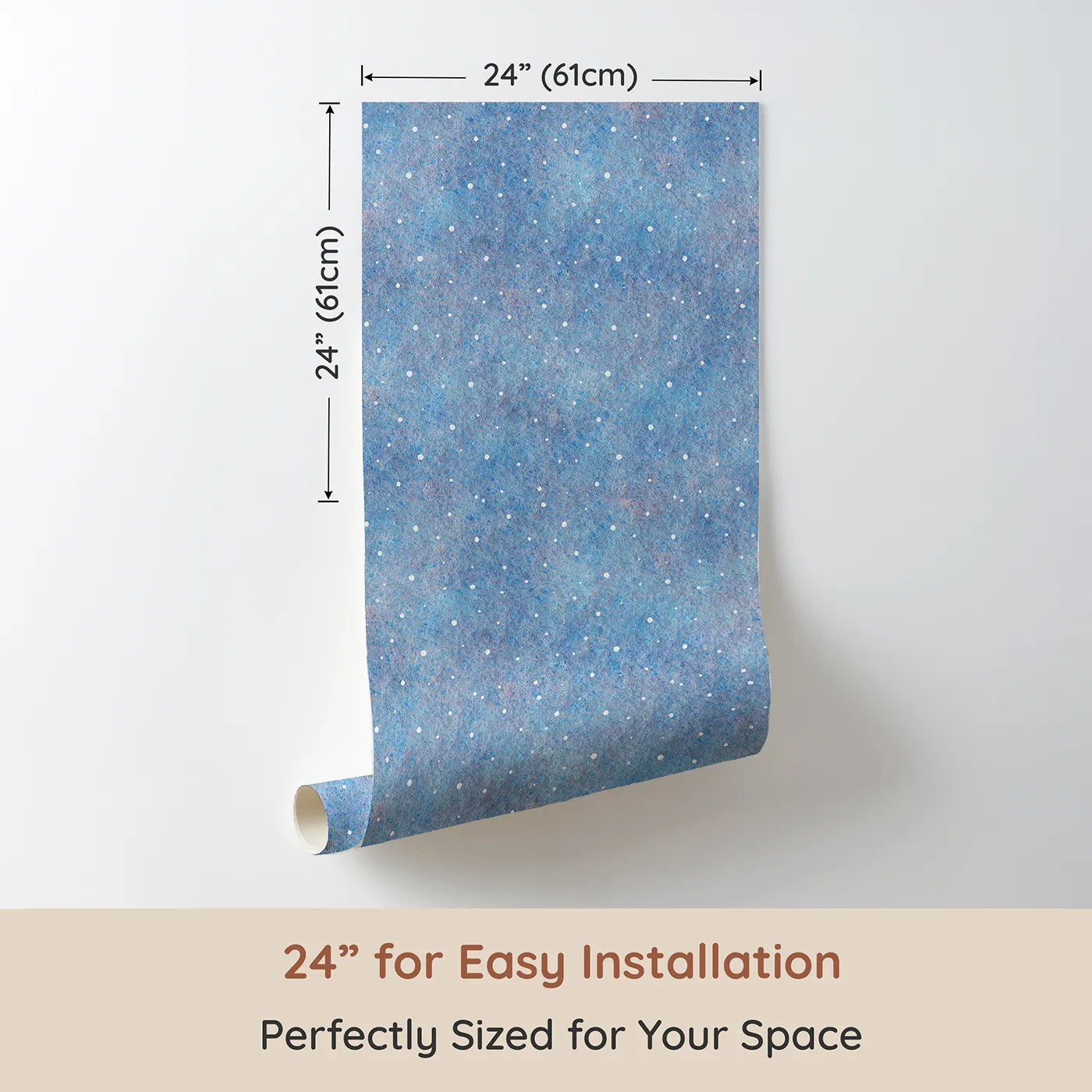 Dimension view of Whimsy Tots First Snowfall Wallpaper in Blue (W2014). Printed in 24-inch-wide panel for easy installation. Where the first soft snowflakes fall in a quiet, blue sky.