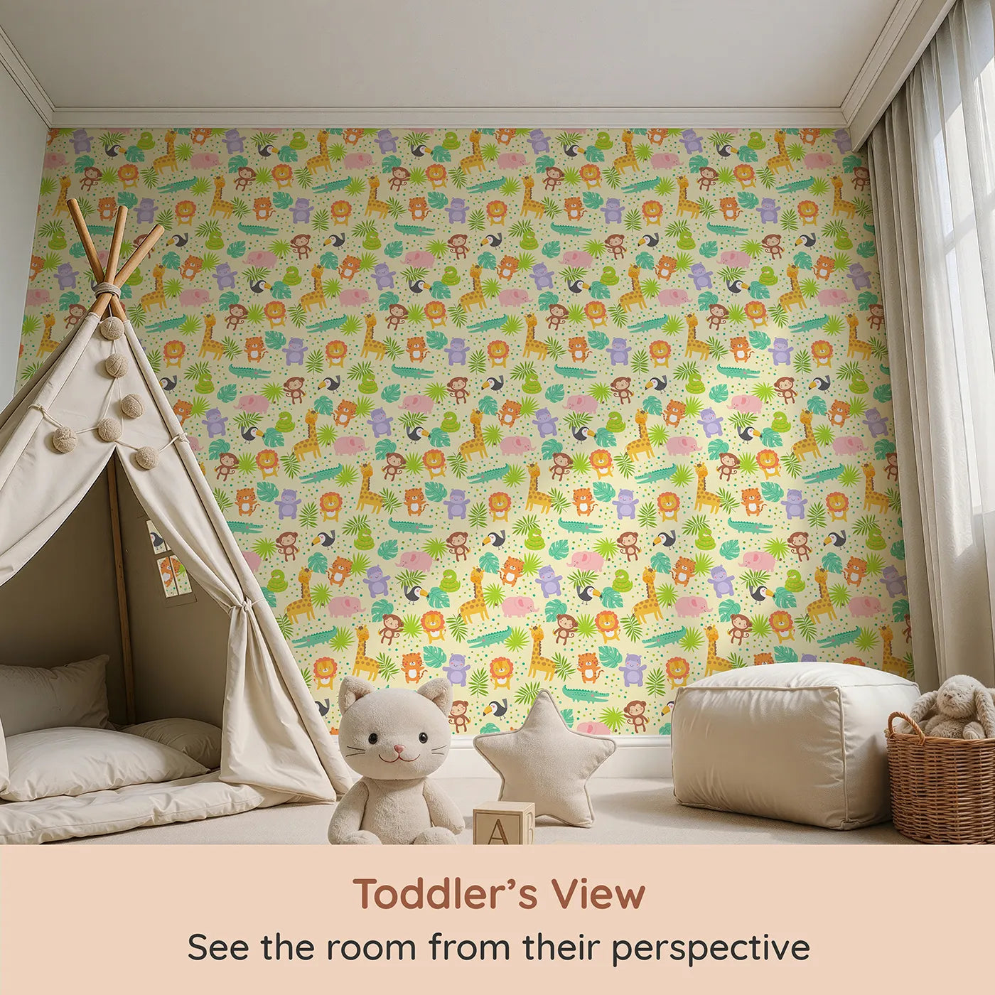 Whimsy Tots Happy Jungle Friends Wallpaper (W2015) from your child's view.Where all the friendliest animals gather for fun and games.