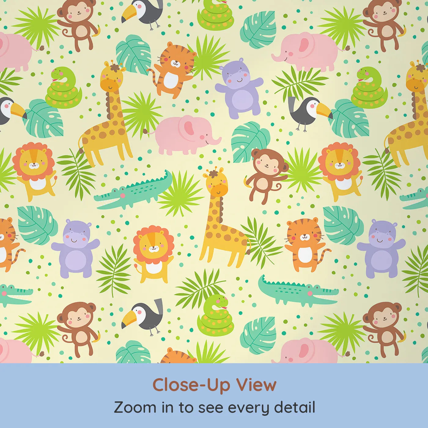 Close-up view of Whimsy Tots' Happy Jungle Friends Wallpaper (W2015).Where all the friendliest animals gather for fun and games.
