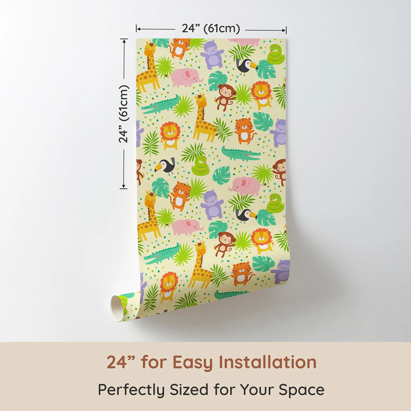 Dimension view of Whimsy Tots Happy Jungle Friends Wallpaper (W2015). Printed in 24-inch-wide panel for easy installation. Where all the friendliest animals gather for fun and games.