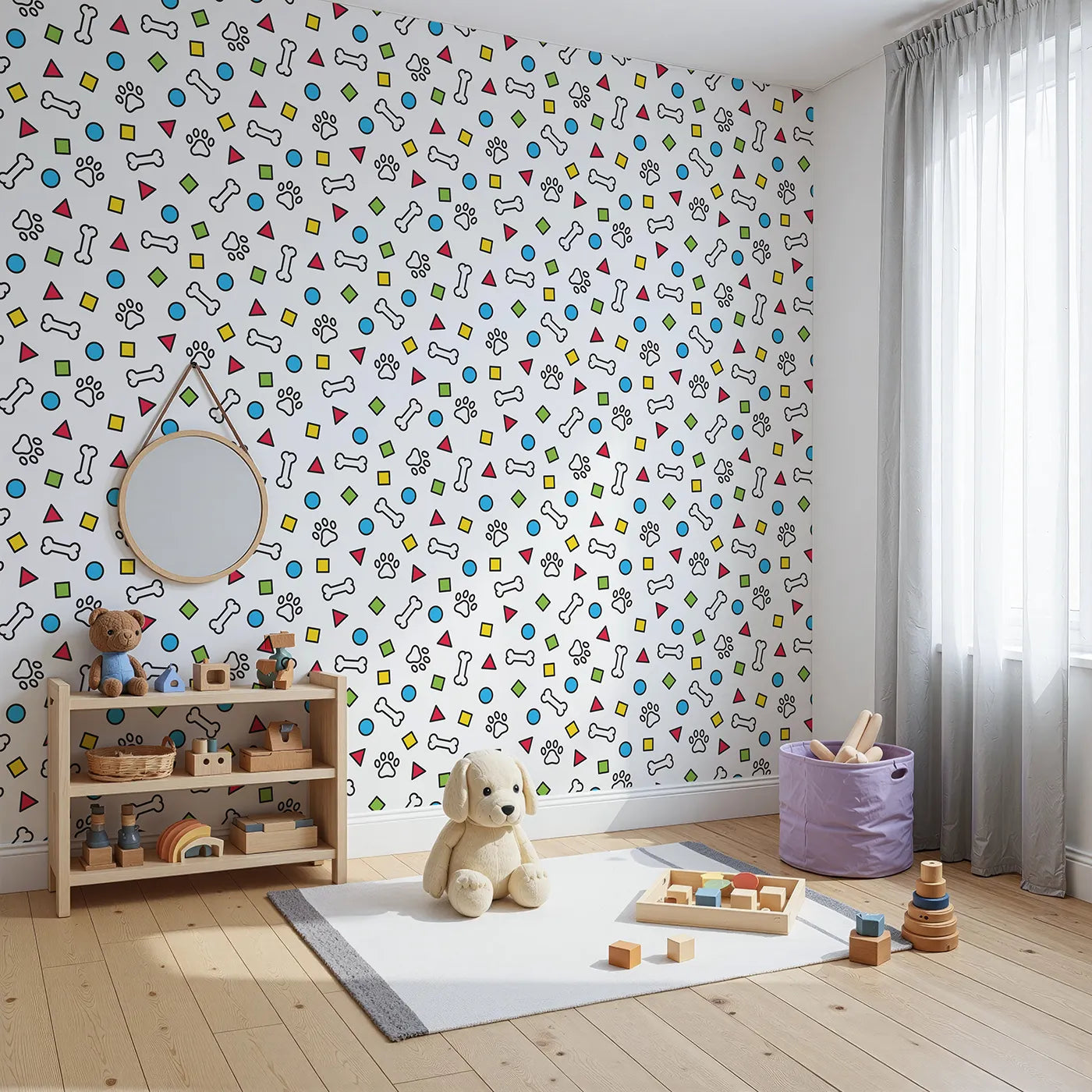 Angled view of Whimsy Tots' Playful Paws and Shapes Wallpaper (W2016).Where colorful shapes, bones, and paw prints are ready for fun.