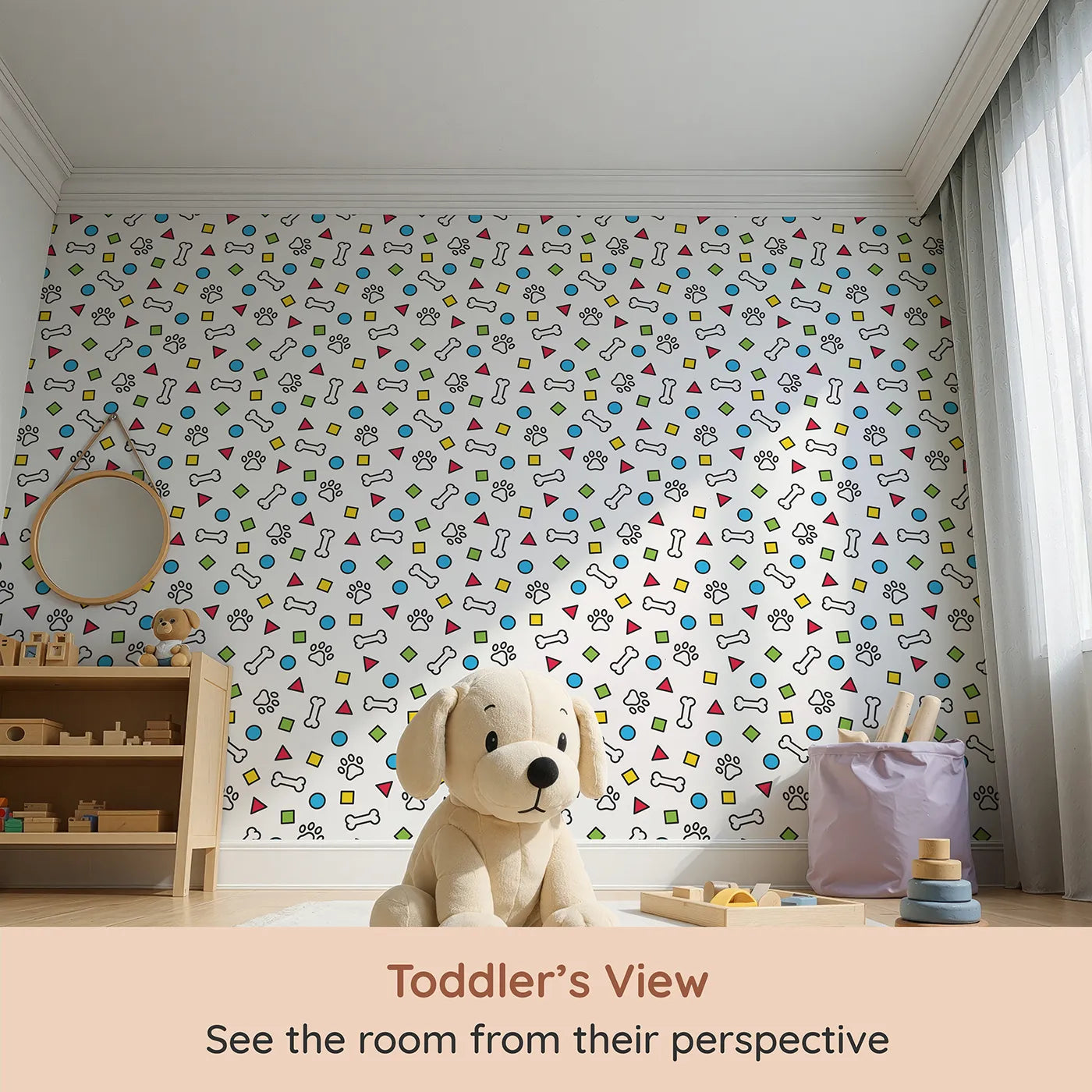 Whimsy Tots Playful Paws and Shapes Wallpaper (W2016) from your child's view.Where colorful shapes, bones, and paw prints are ready for fun.