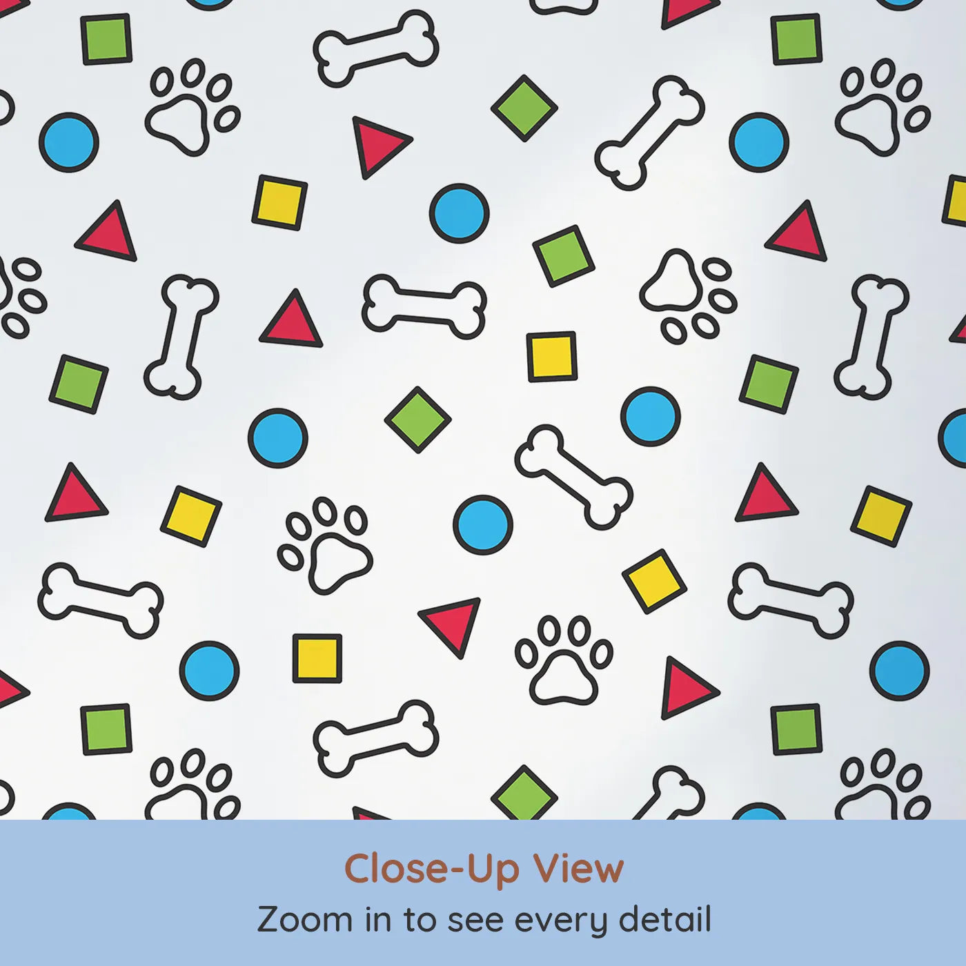 Close-up view of Whimsy Tots' Playful Paws and Shapes Wallpaper (W2016).Where colorful shapes, bones, and paw prints are ready for fun.