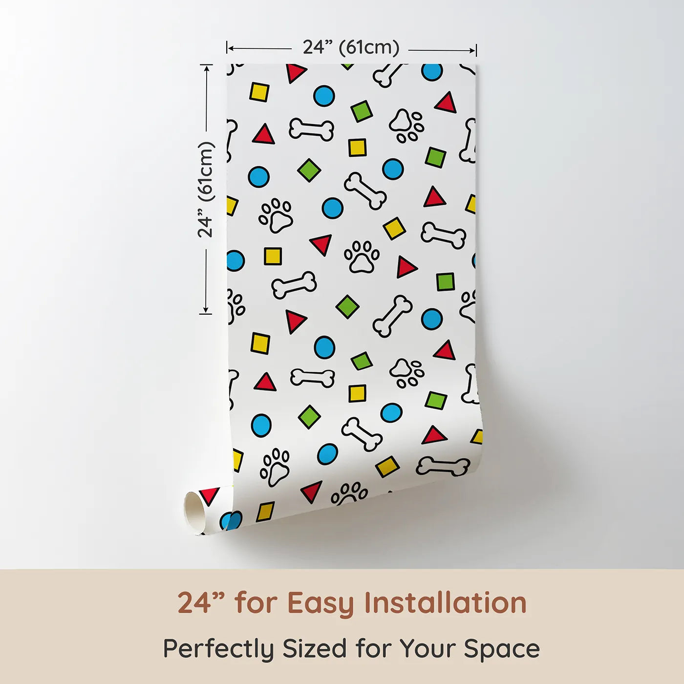 Dimension view of Whimsy Tots Playful Paws and Shapes Wallpaper (W2016). Printed in 24-inch-wide panel for easy installation. Where colorful shapes, bones, and paw prints are ready for fun.