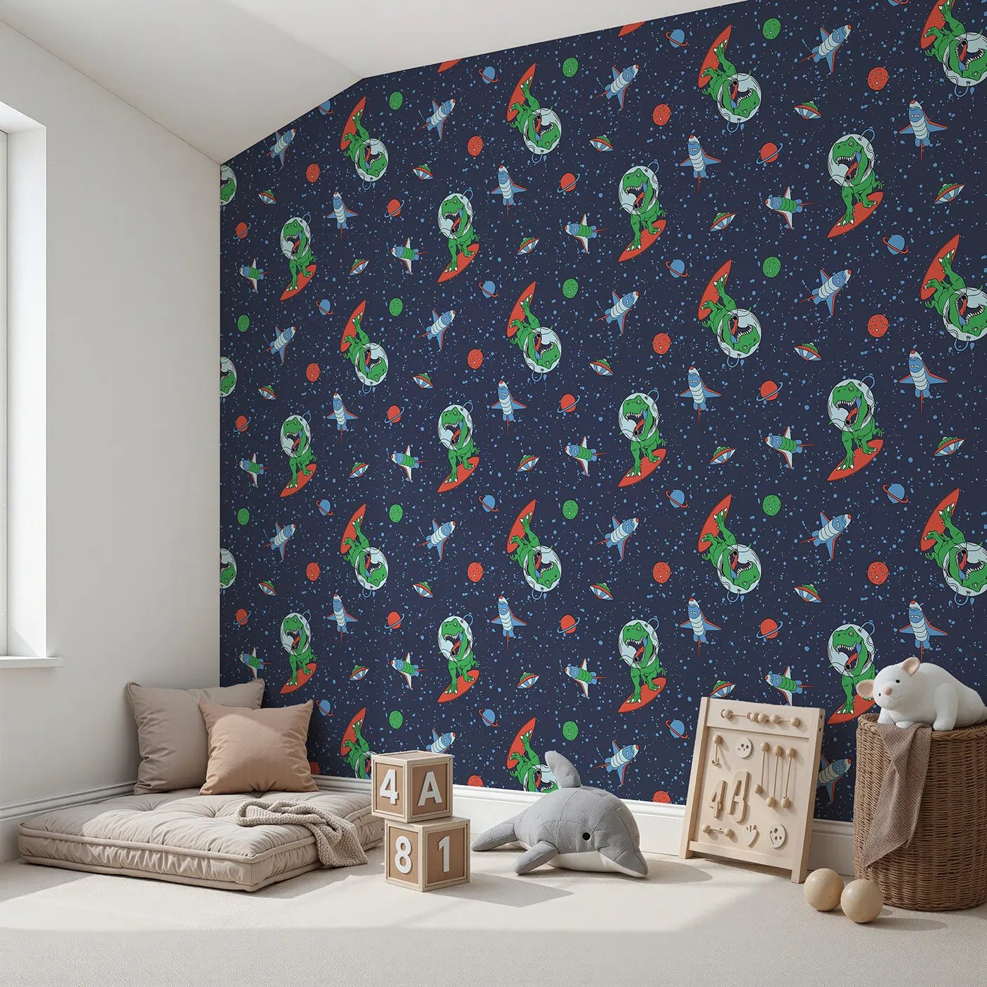 Angled view of Whimsy Tots' Dino Space Surfer Wallpaper (W2017).Where a T-Rex surfs the cosmic waves on a rocket board.