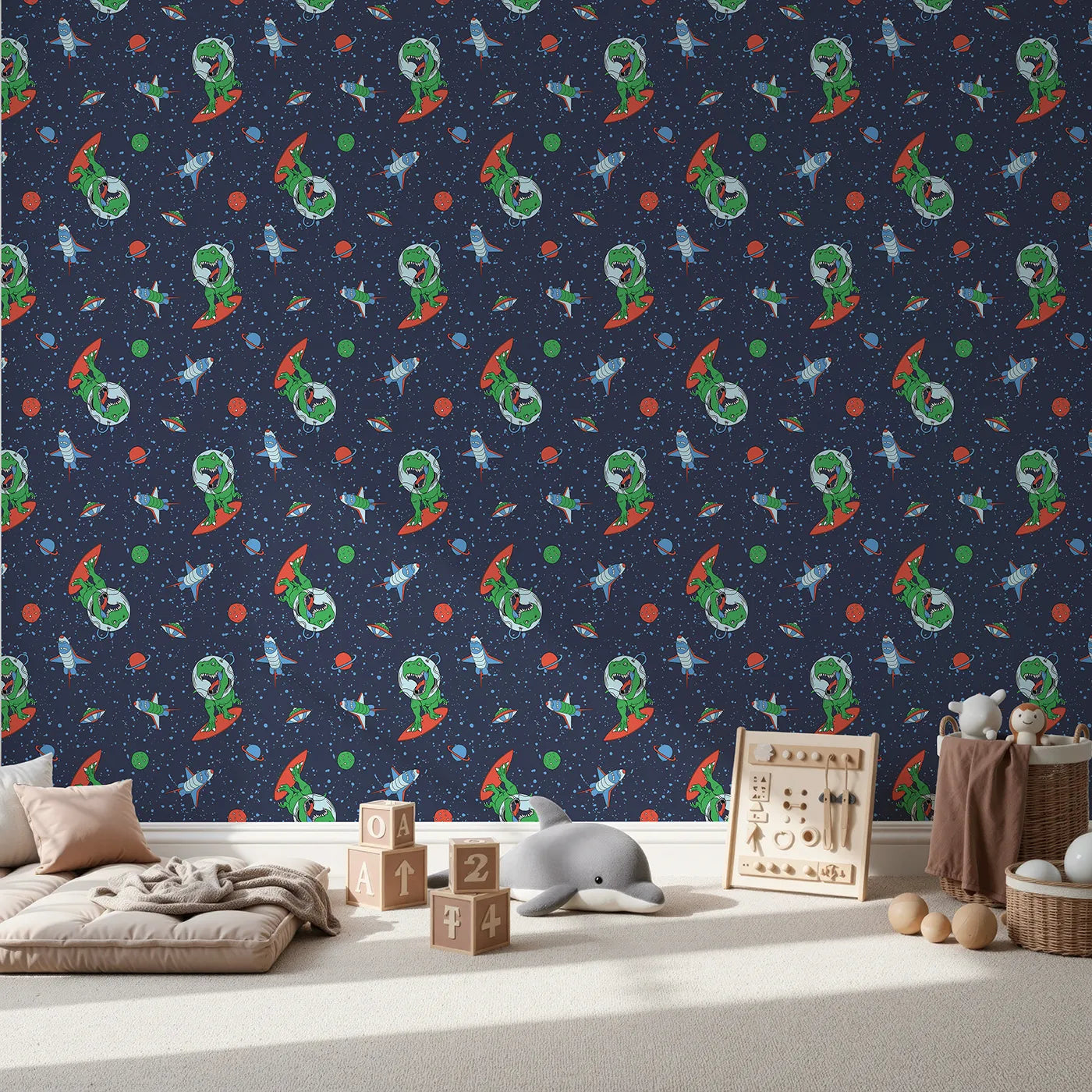 Front view of Whimsy Tots' Dino Space Surfer Wallpaper