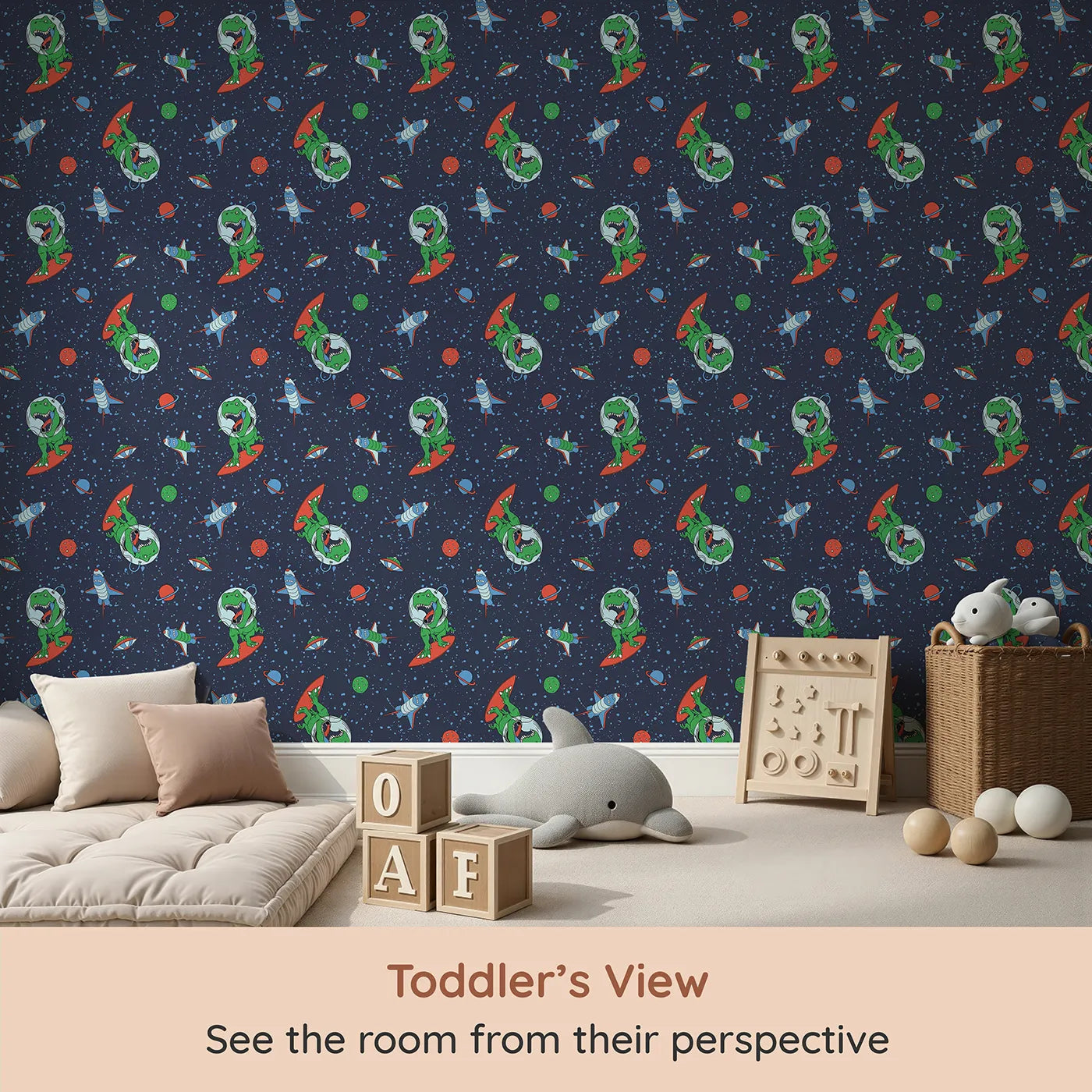 Whimsy Tots Dino Space Surfer Wallpaper (W2017) from your child's view.Where a T-Rex surfs the cosmic waves on a rocket board.