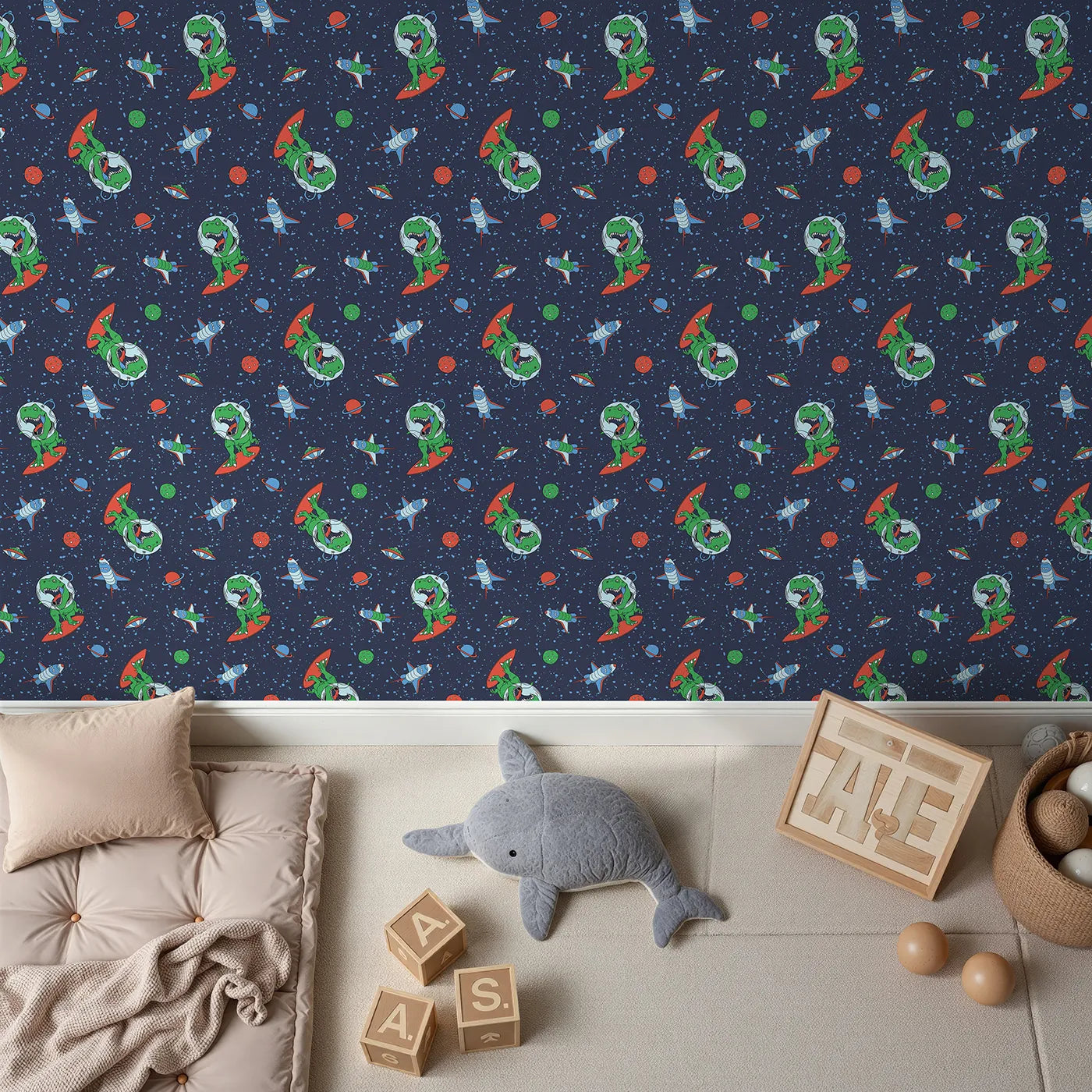 Top-Down view of Whimsy Tots' Dino Space Surfer Wallpaper (W2017).Where a T-Rex surfs the cosmic waves on a rocket board.