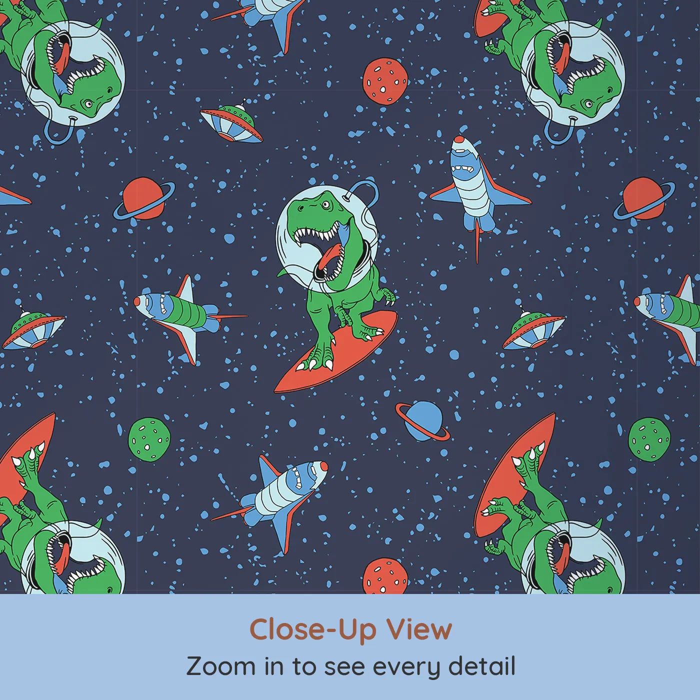 Close-up view of Whimsy Tots' Dino Space Surfer Wallpaper (W2017).Where a T-Rex surfs the cosmic waves on a rocket board.
