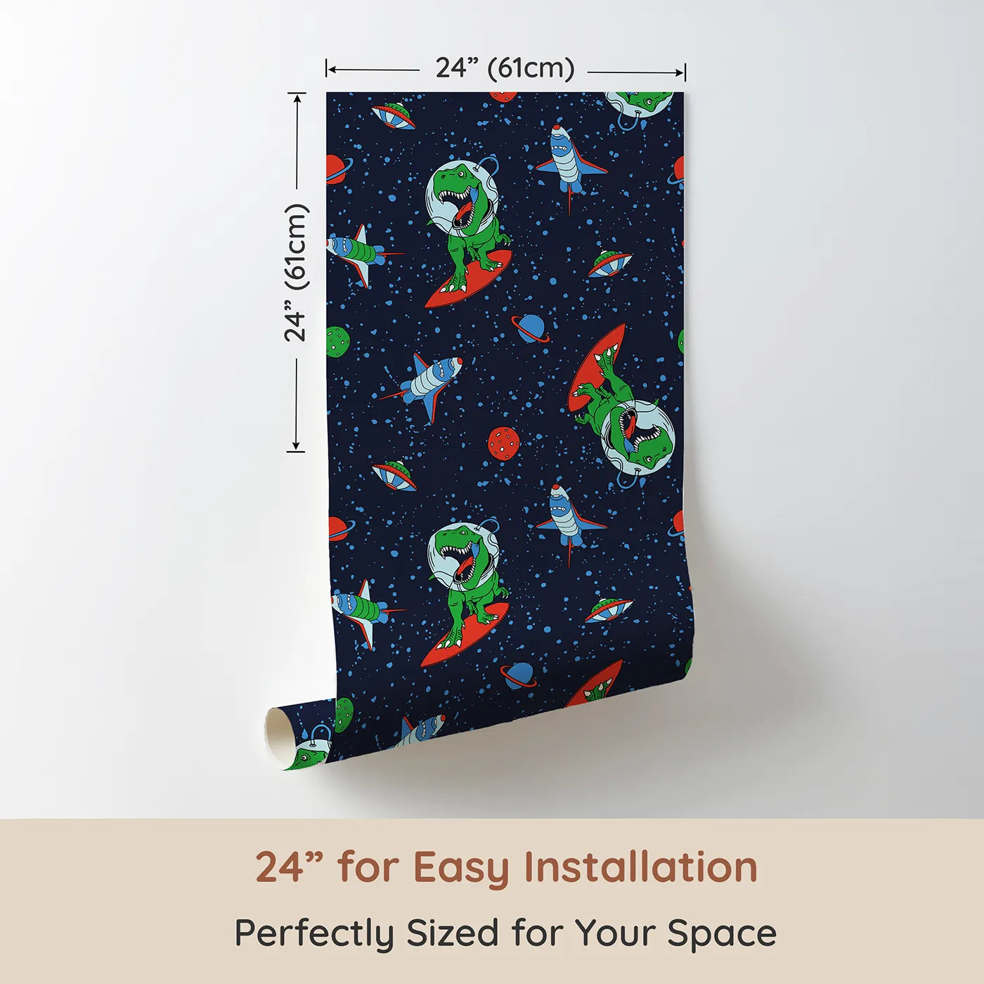Dimension view of Whimsy Tots Dino Space Surfer Wallpaper (W2017). Printed in 24-inch-wide panel for easy installation. Where a T-Rex surfs the cosmic waves on a rocket board.