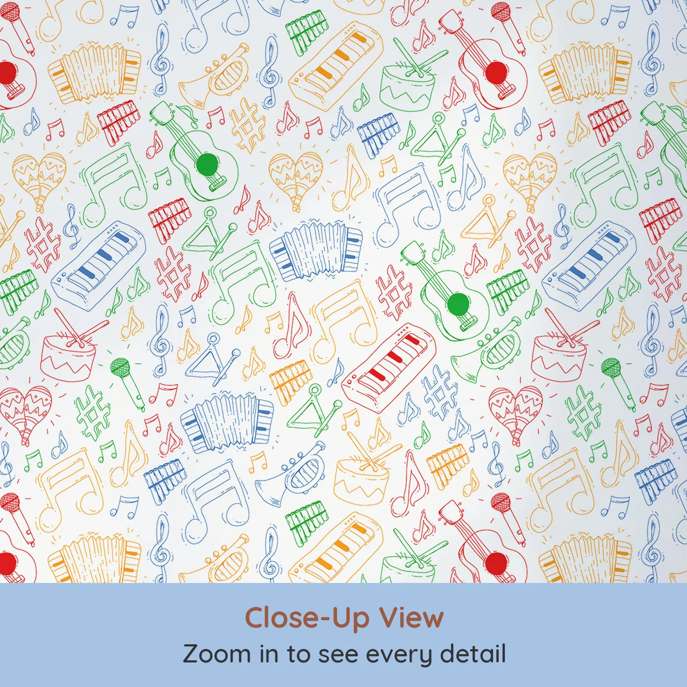 Close-up view of Whimsy Tots' Rainbow Music Doodle Wallpaper (W2018).Where musical instruments and happy notes fill the air.