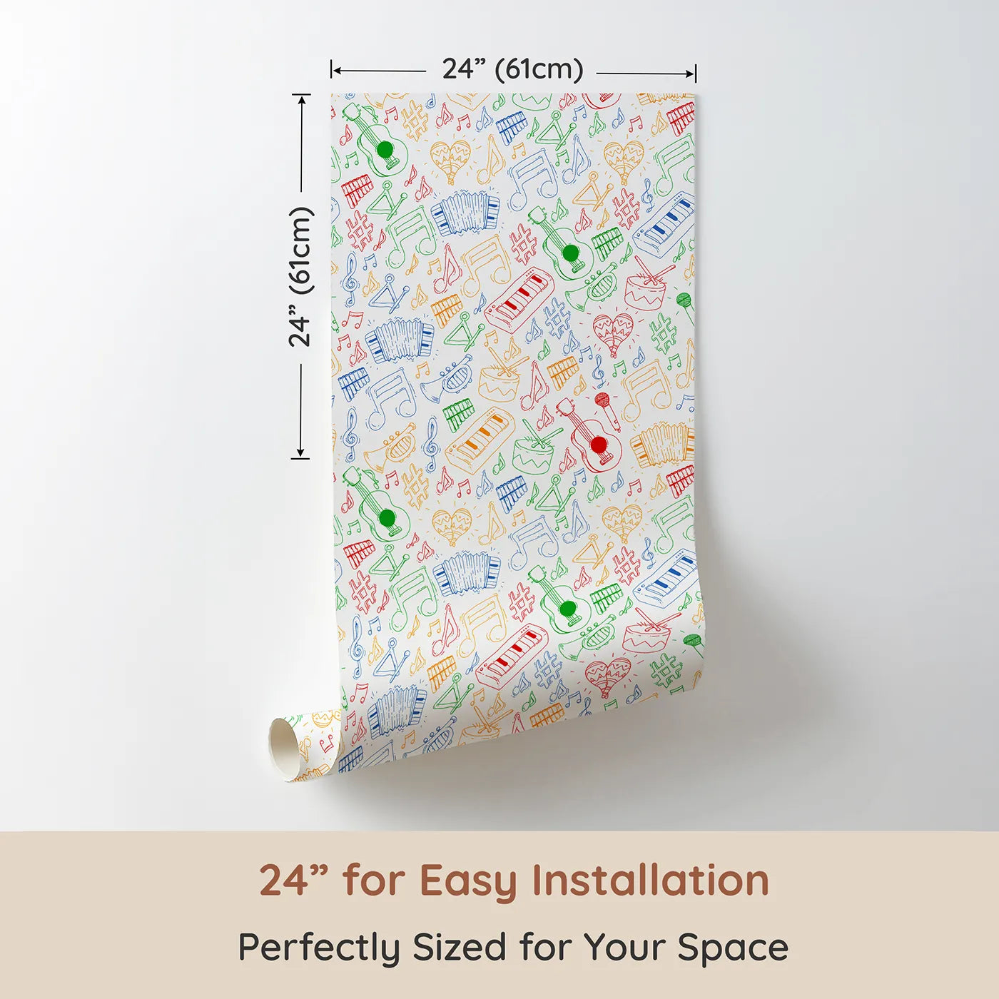 Dimension view of Whimsy Tots Rainbow Music Doodle Wallpaper (W2018). Printed in 24-inch-wide panel for easy installation. Where musical instruments and happy notes fill the air.