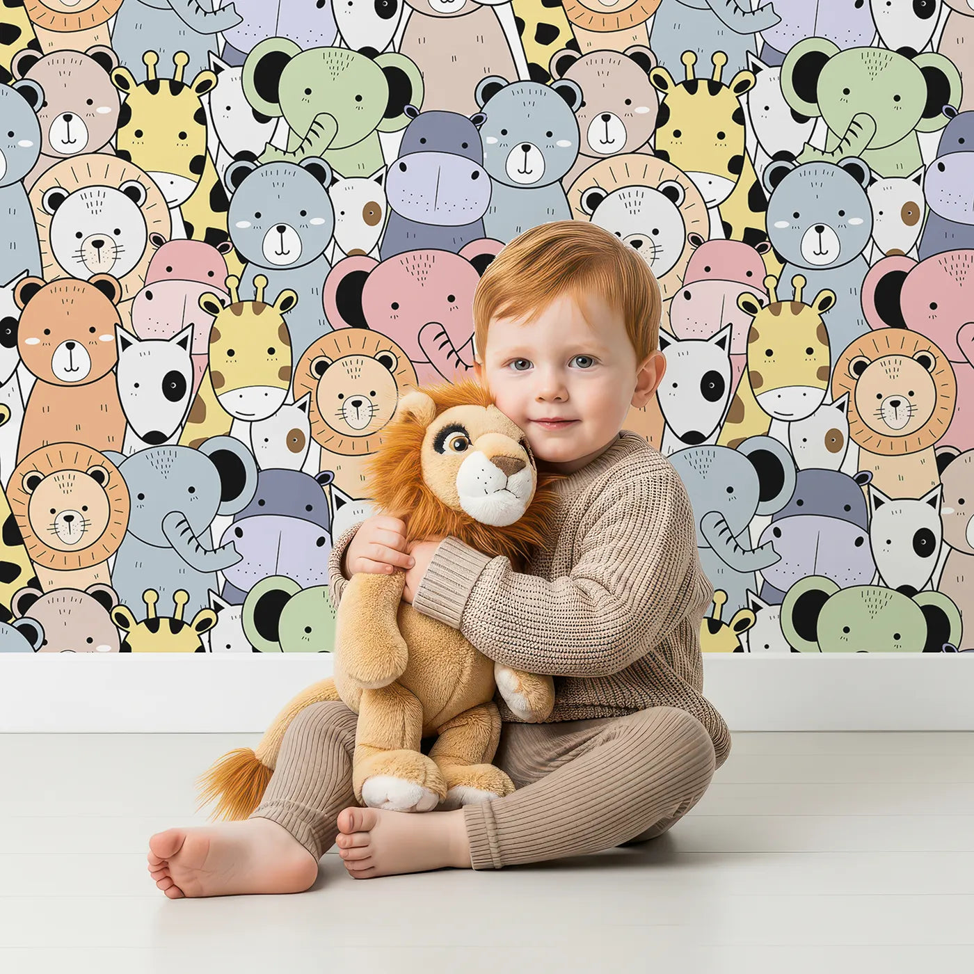 Lovely child standing in front of Whimsy Tots Animal Friends Together Wallpaper with animal, safari, woodland, bear, lion, elephant in design.