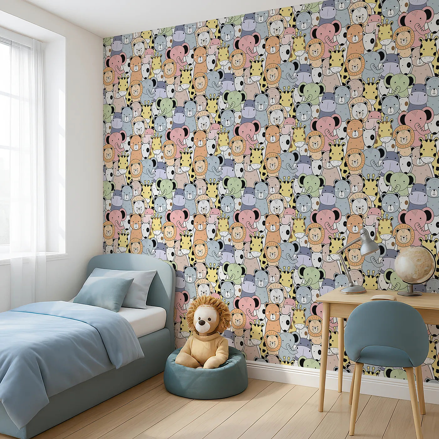 Angled view of Whimsy Tots' Animal Friends Together Wallpaper (W2019).Where all the sweetest animal faces gather in friendship.