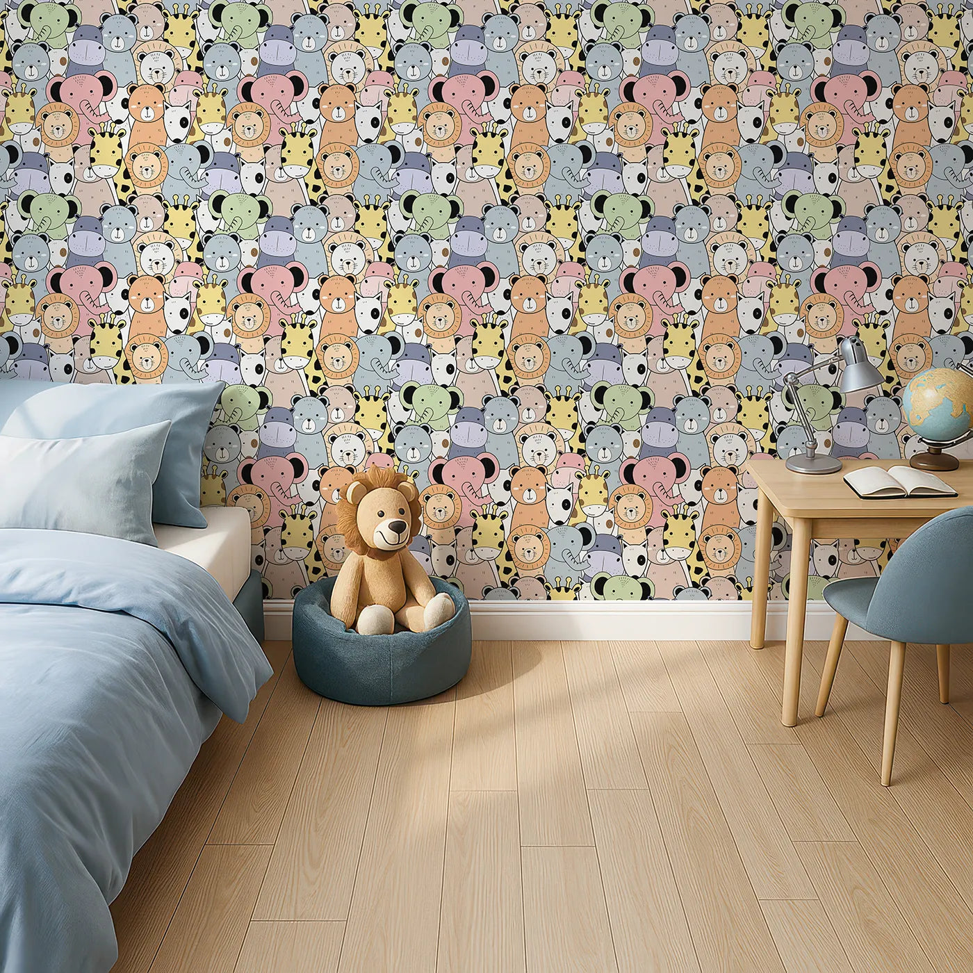 Top-Down view of Whimsy Tots' Animal Friends Together Wallpaper (W2019).Where all the sweetest animal faces gather in friendship.