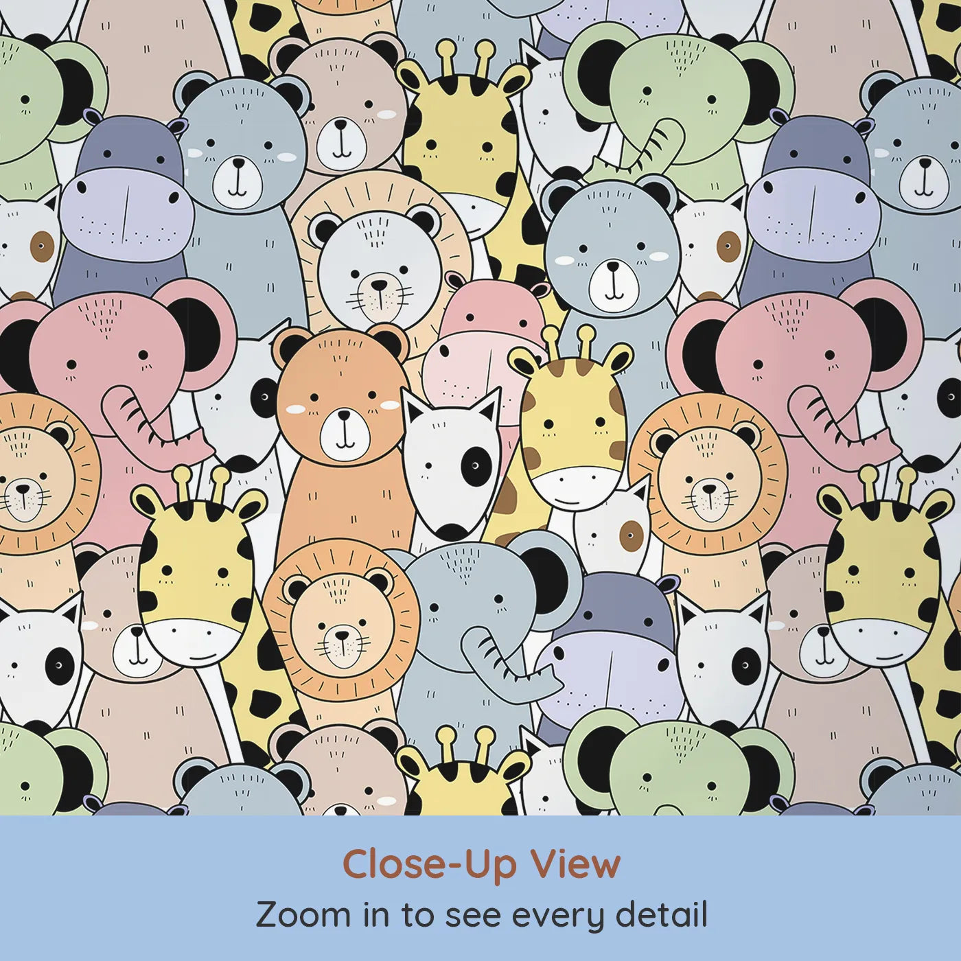 Close-up view of Whimsy Tots' Animal Friends Together Wallpaper (W2019).Where all the sweetest animal faces gather in friendship.