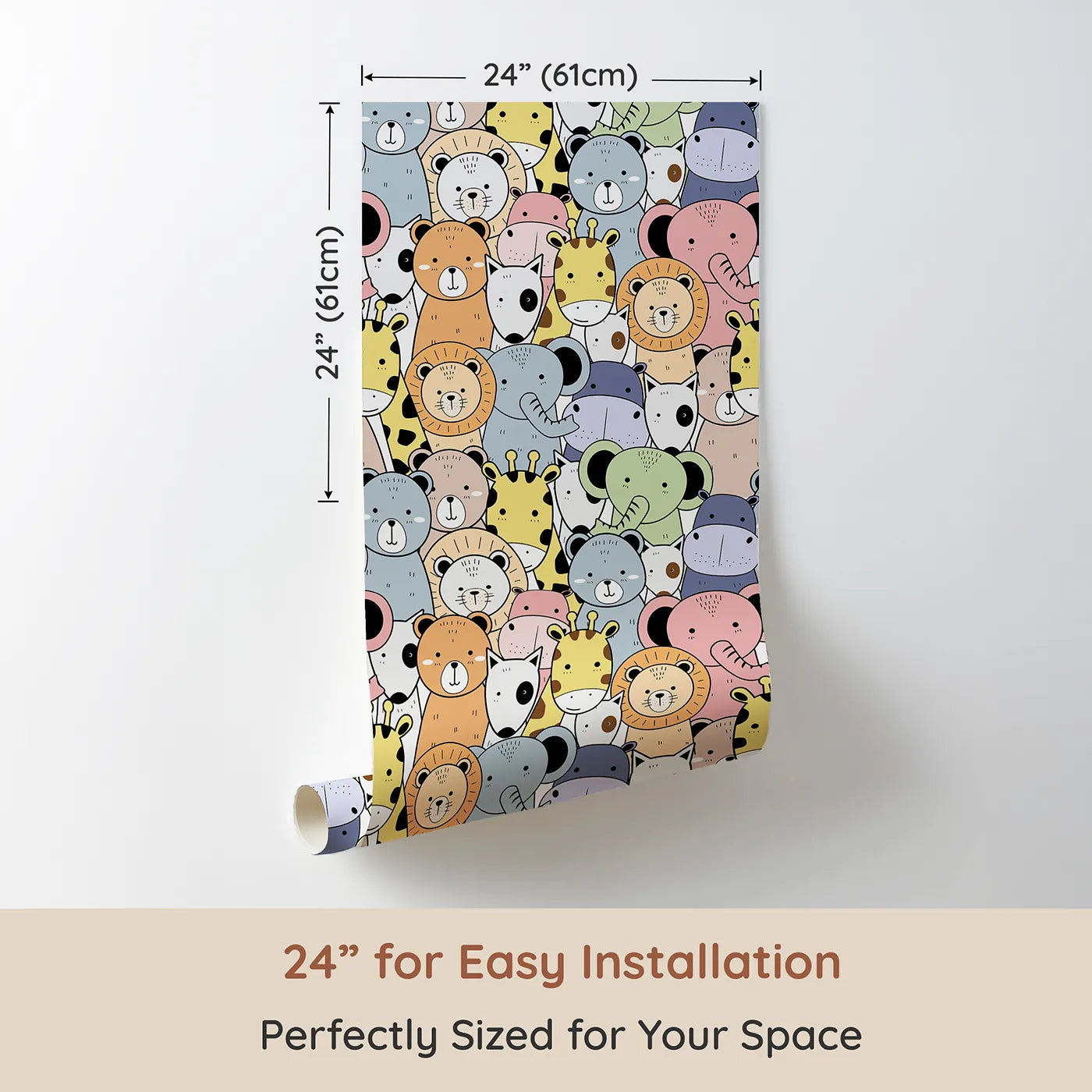 Dimension view of Whimsy Tots Animal Friends Together Wallpaper (W2019). Printed in 24-inch-wide panel for easy installation. Where all the sweetest animal faces gather in friendship.