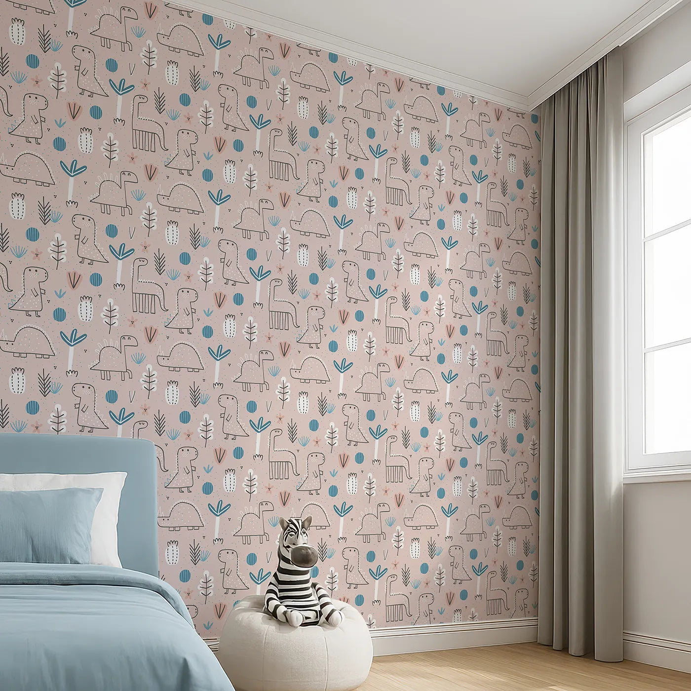 Angled view of Whimsy Tots' Boho Dino Doodle Wallpaper in Pink (W2020).Where gentle dinosaurs wander among whimsical plants.