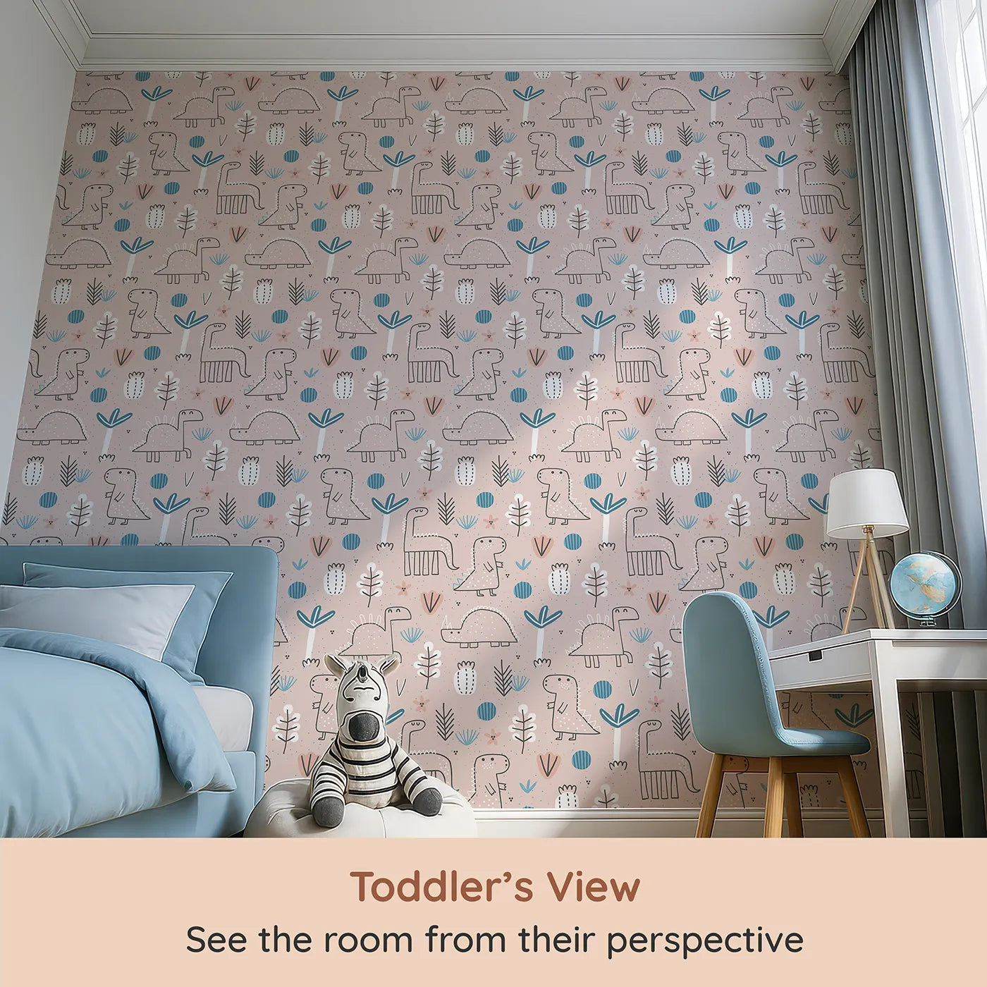 Whimsy Tots Boho Dino Doodle Wallpaper in Pink (W2020) from your child's view.Where gentle dinosaurs wander among whimsical plants.
