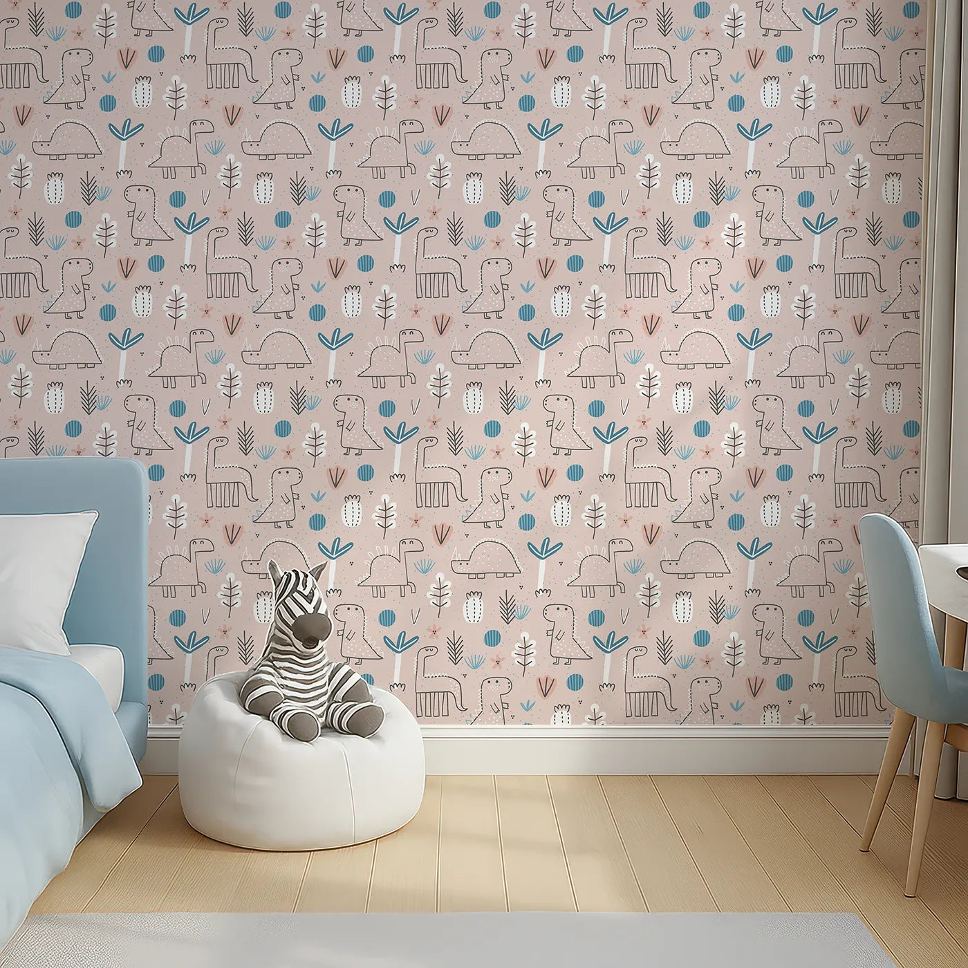 Top-Down view of Whimsy Tots' Boho Dino Doodle Wallpaper in Pink (W2020).Where gentle dinosaurs wander among whimsical plants.