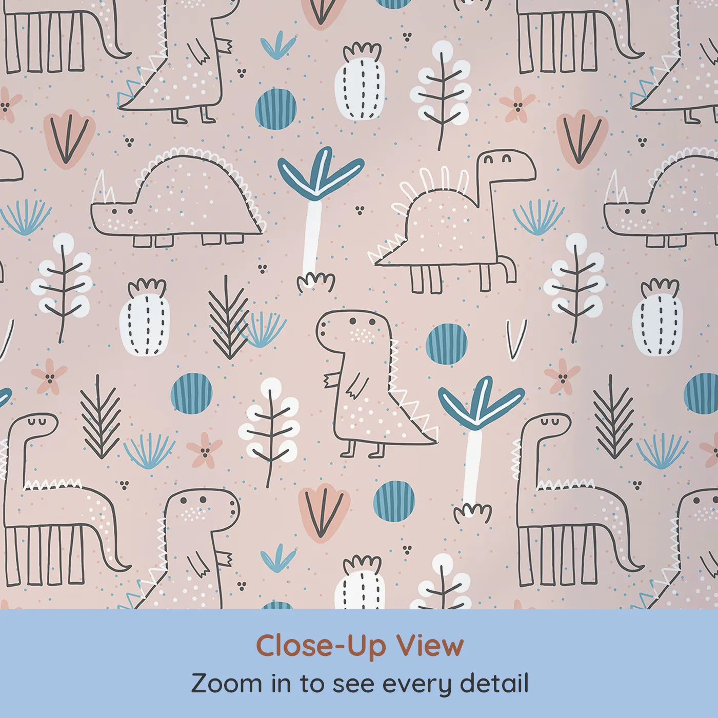 Close-up view of Whimsy Tots' Boho Dino Doodle Wallpaper in Pink (W2020).Where gentle dinosaurs wander among whimsical plants.