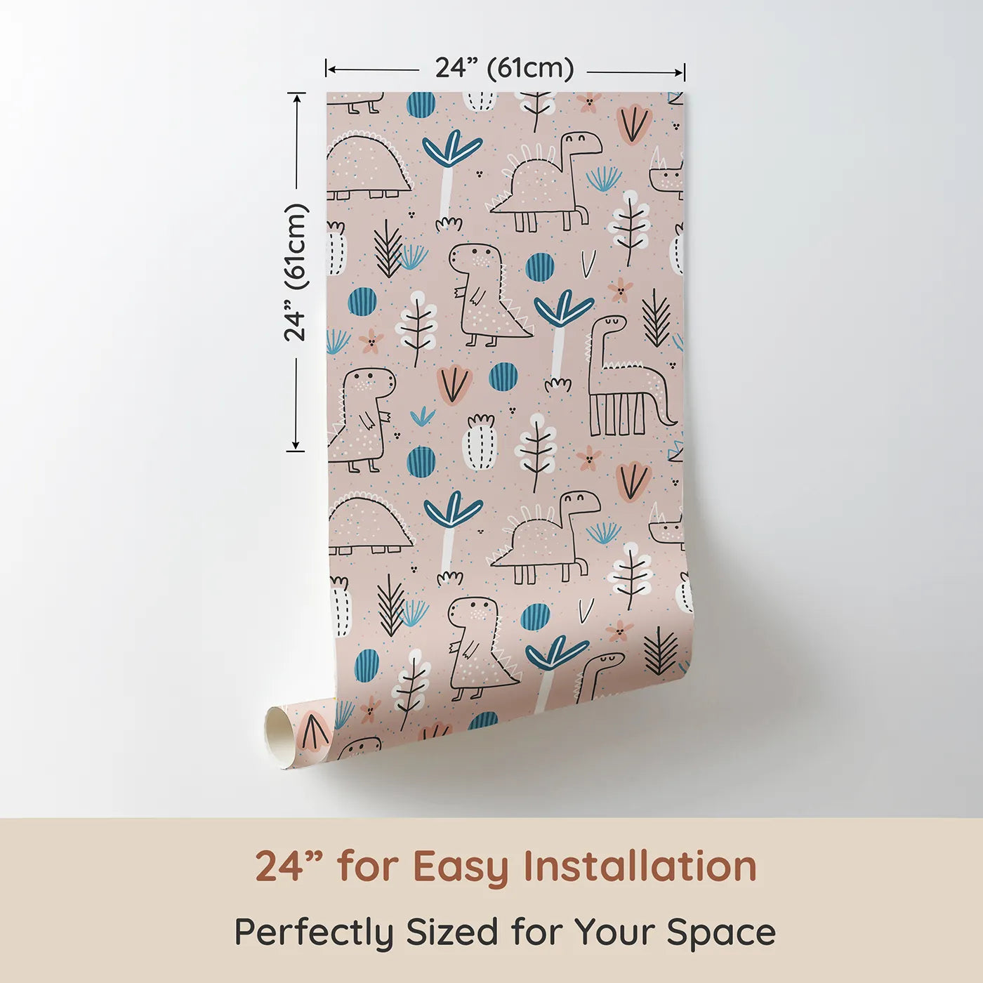 Dimension view of Whimsy Tots Boho Dino Doodle Wallpaper in Pink (W2020). Printed in 24-inch-wide panel for easy installation. Where gentle dinosaurs wander among whimsical plants.