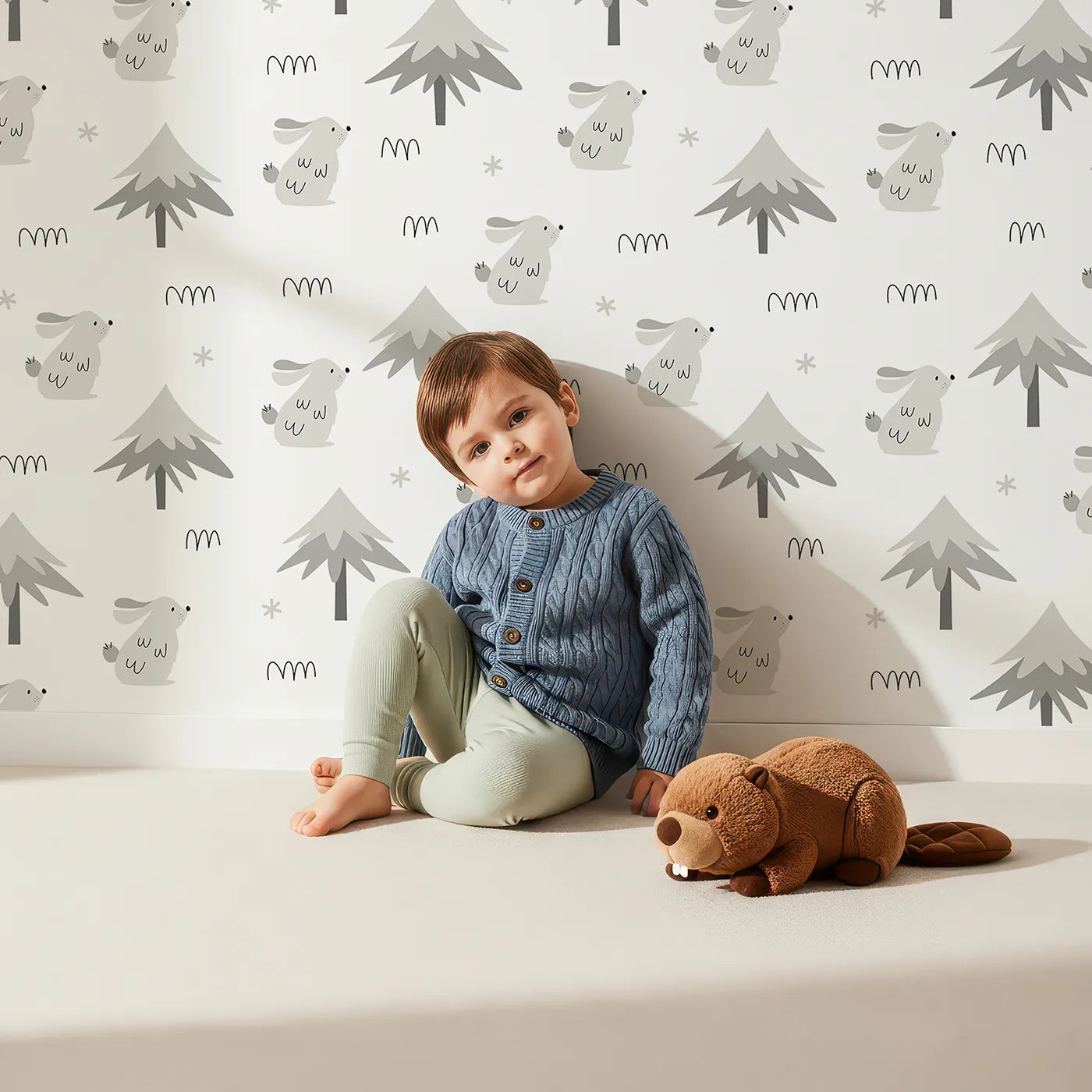 Lovely child standing in front of Whimsy Tots Winter Bunny Forest Wallpaper in Gray with bunny, rabbit, tree, winter, forest in design.