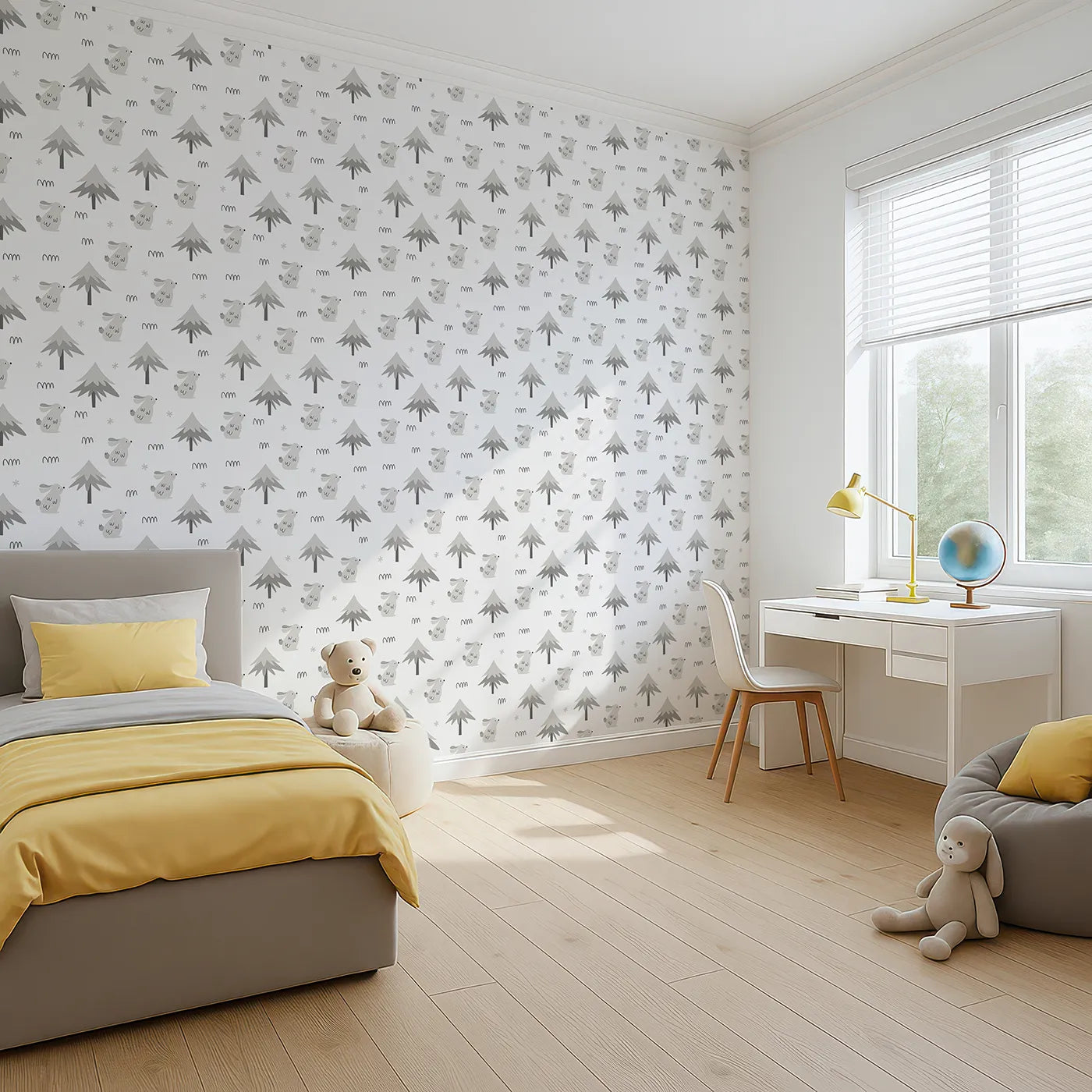 Angled view of Whimsy Tots' Winter Bunny Forest Wallpaper in Gray (W2021).Where quiet bunnies hop through a soft, snowy wonderland.