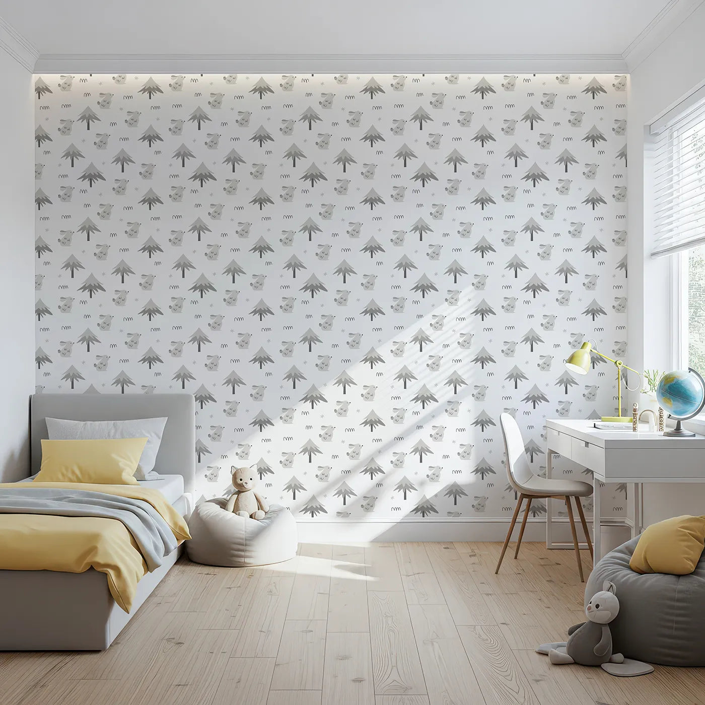 Front view of Whimsy Tots' Winter Bunny Forest Wallpaper in Gray