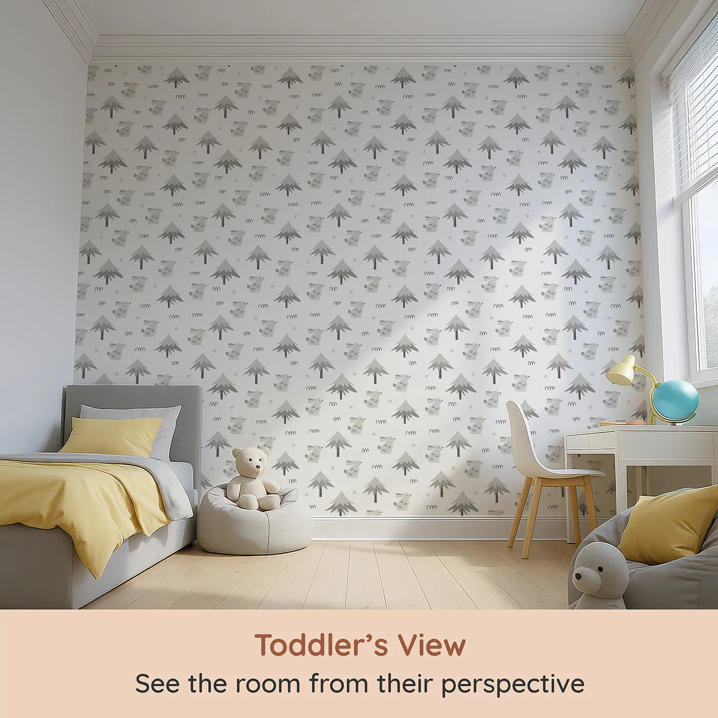 Whimsy Tots Winter Bunny Forest Wallpaper in Gray (W2021) from your child's view.Where quiet bunnies hop through a soft, snowy wonderland.