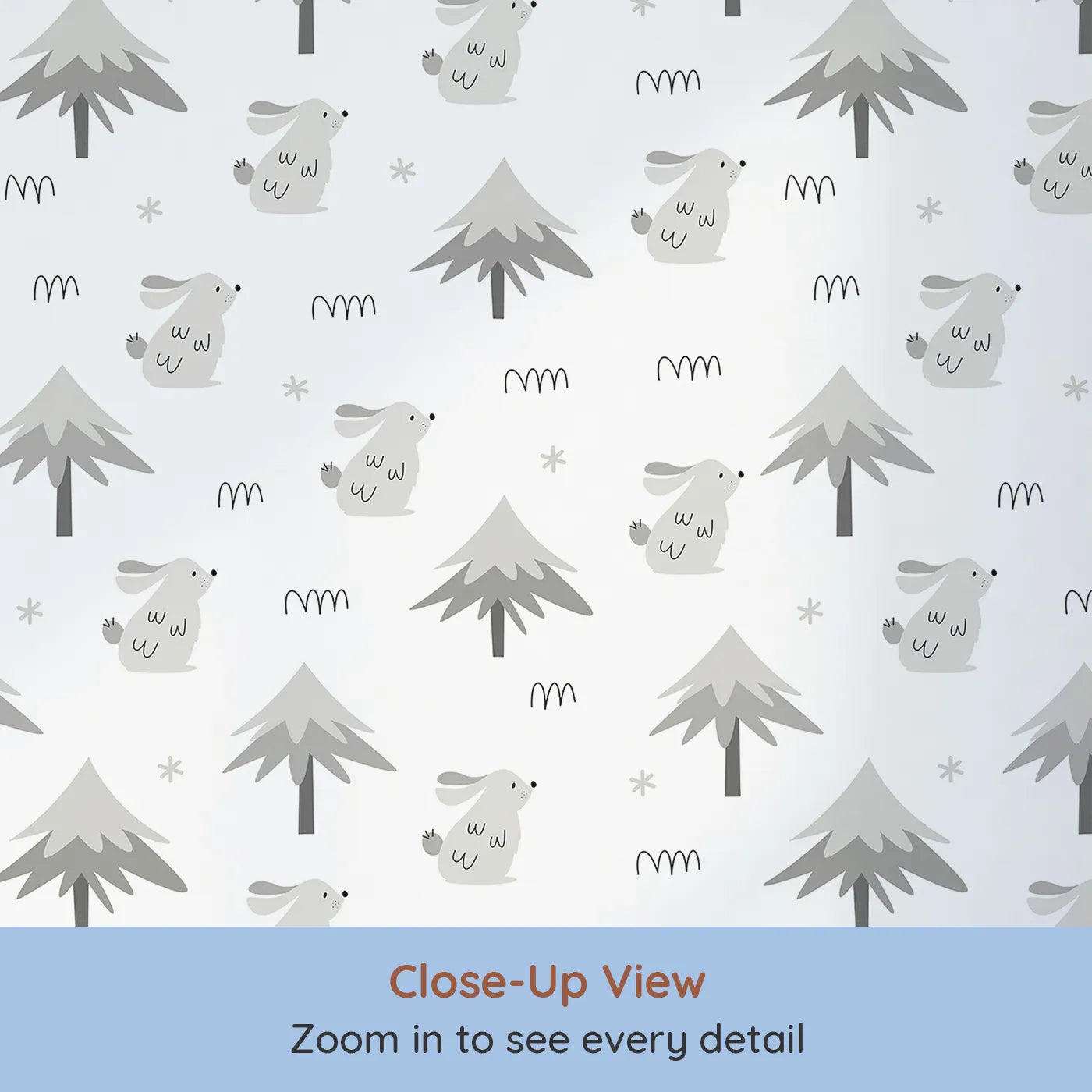 Close-up view of Whimsy Tots' Winter Bunny Forest Wallpaper in Gray (W2021).Where quiet bunnies hop through a soft, snowy wonderland.