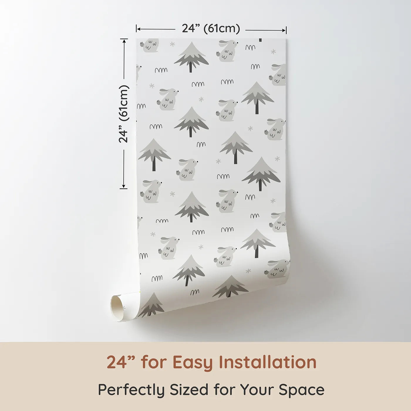 Dimension view of Whimsy Tots Winter Bunny Forest Wallpaper in Gray (W2021). Printed in 24-inch-wide panel for easy installation. Where quiet bunnies hop through a soft, snowy wonderland.